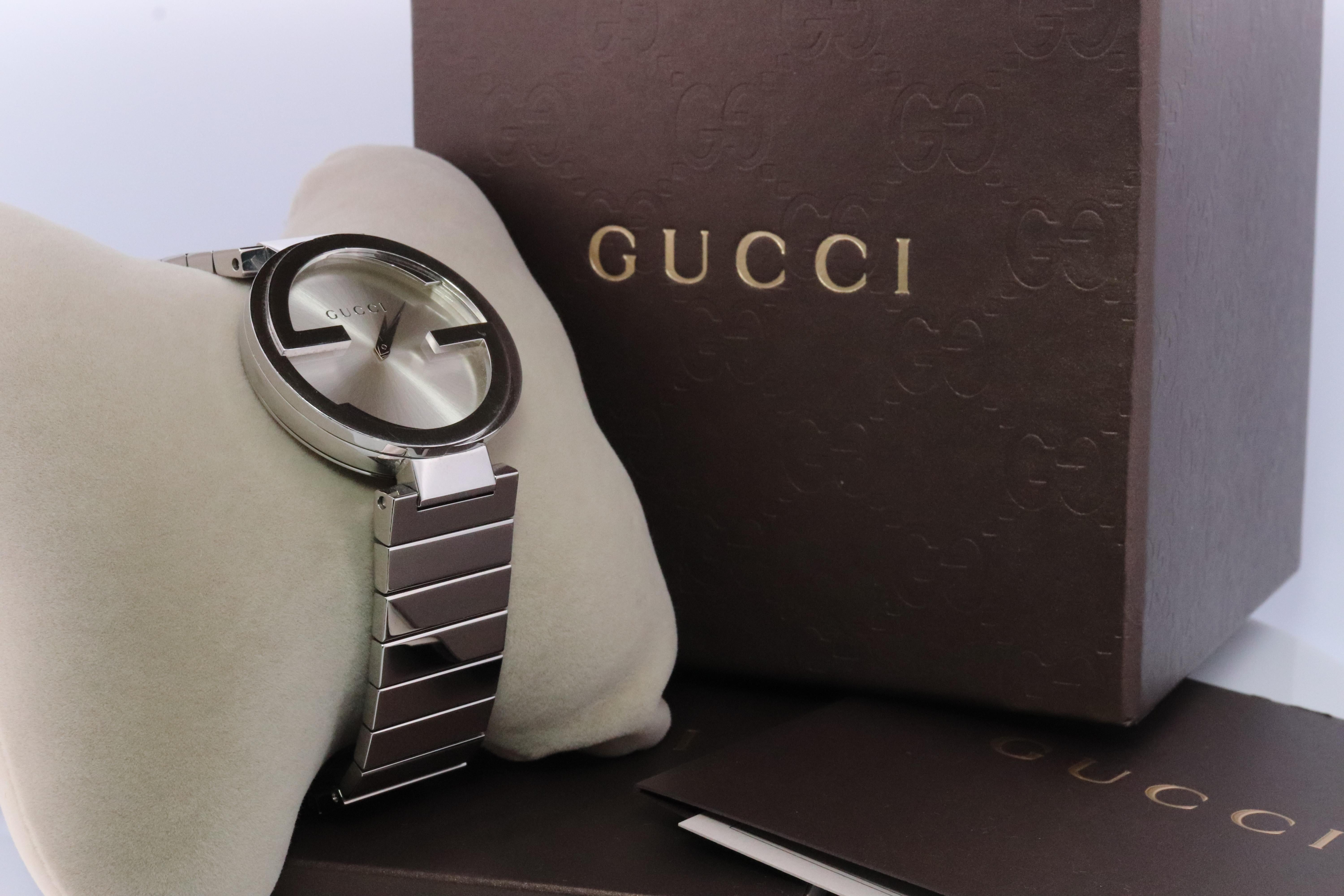Genuine Gucci Watch.

133.3 Reference number. Interlocking Ladies Watch.


Condition: New battery. Excellent to mint Condition. Comes with original Box and papers. Includes extra links.


Details:
37mm round Case