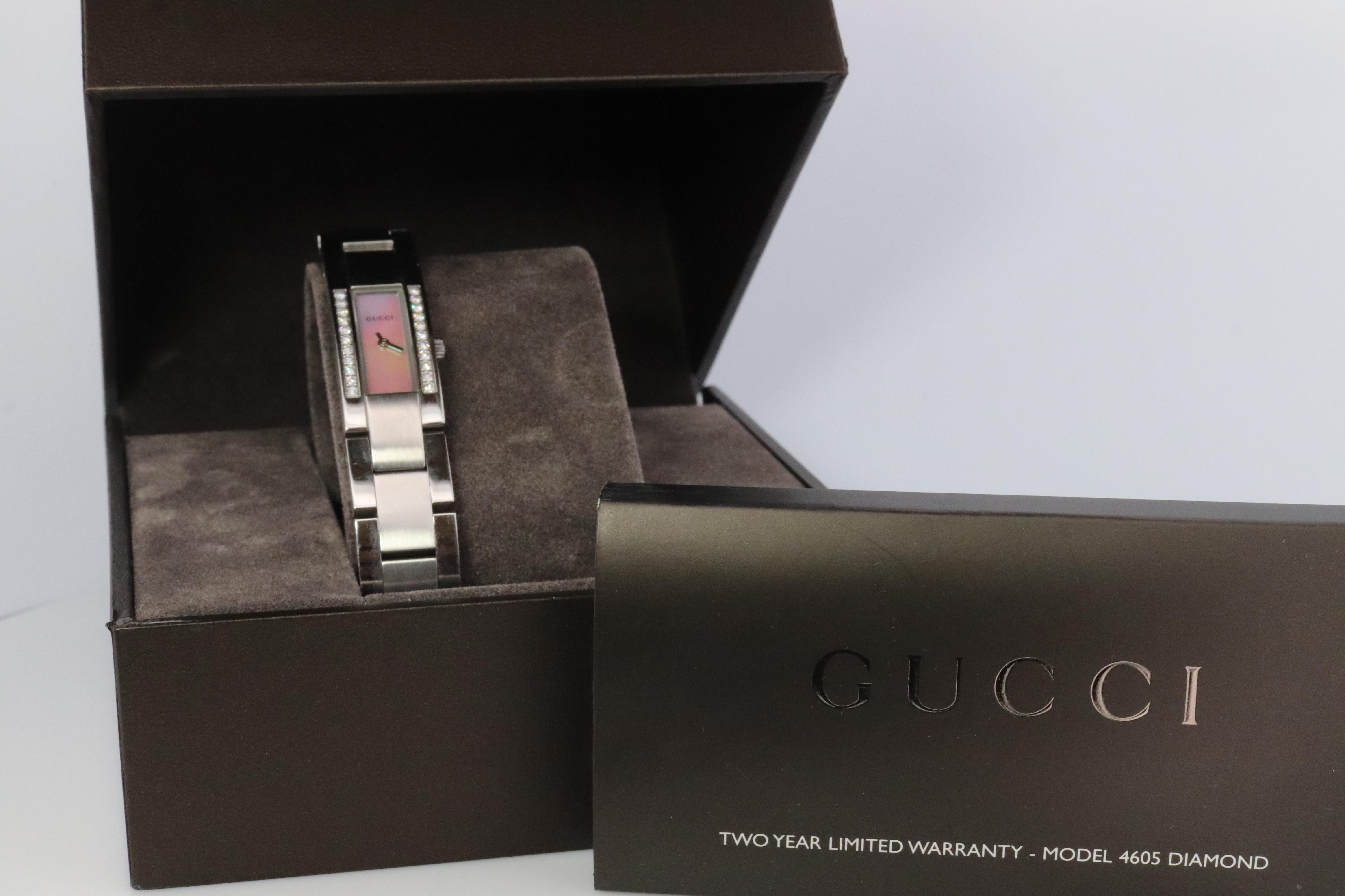 Genuine Gucci Watch.

4600L Reference number. Diamond Bezel. Mother of Pearl Dial.
UPC: 731903028333


Condition: New battery. Excellent to mint Condition. Comes with original Box and papers. 


Details:
13mm by 27mm case
Diamond pave design on the