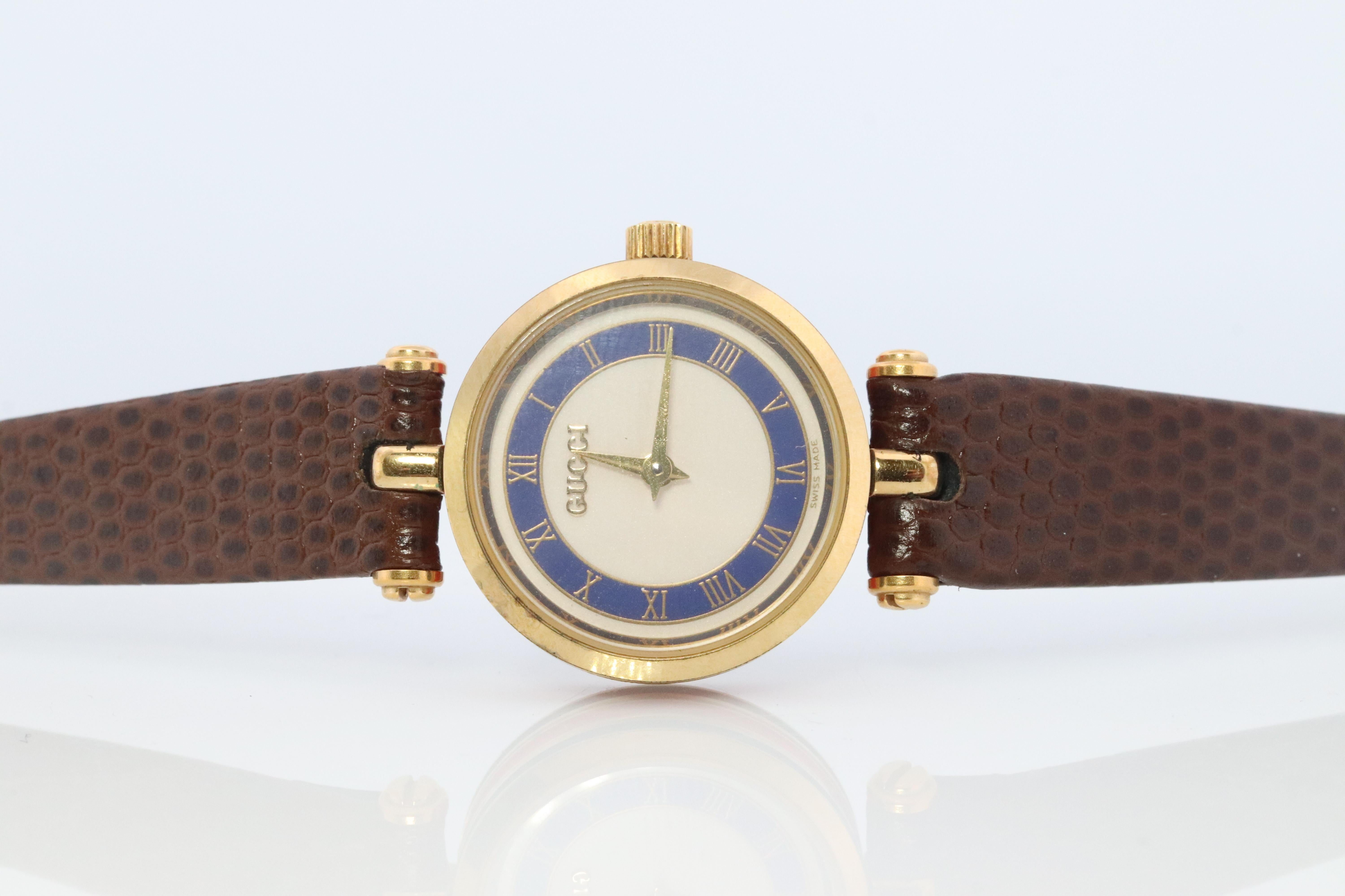Beautiful Vintage Gucci Watch.
Gold Plated.


These are 1980s Ladies 2000L with Blue and Cream Dial

New battery installed and serviced.

22mm Case