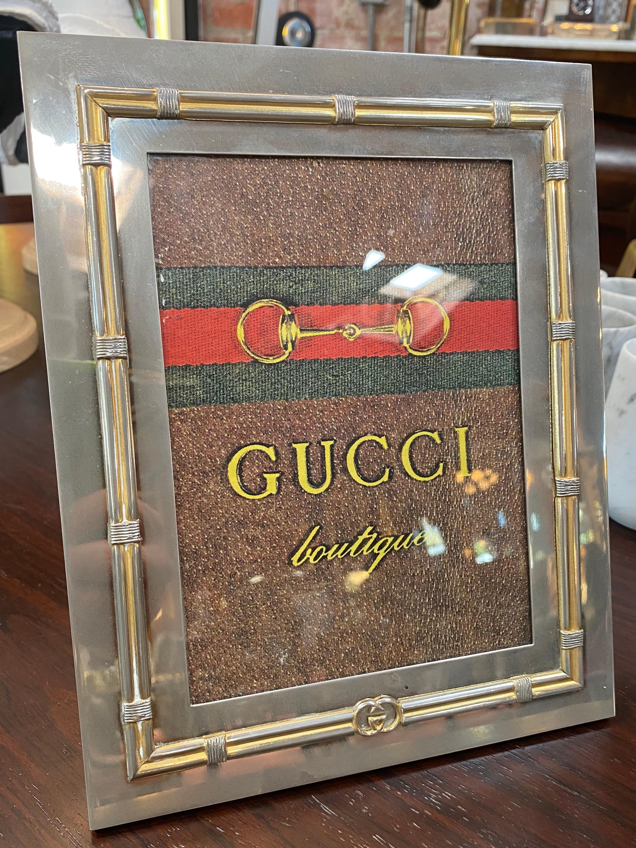 Elegant vintage Gucci gold and silver photo frame, Italy, 1970s signed on top by GUCCI MADE IN ITALY.
 