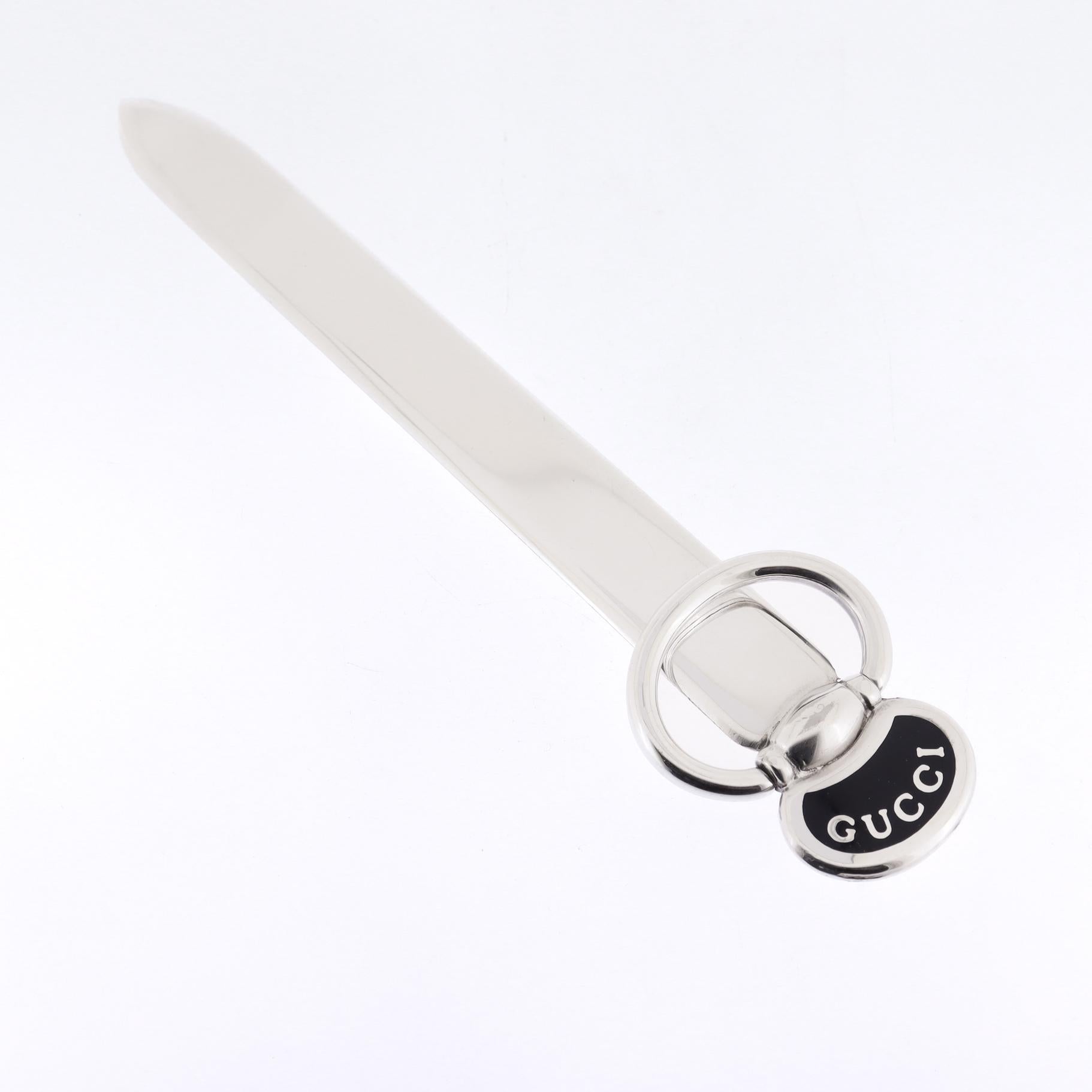 Vintage Gucci Silver Plate & Black Enamel Letter Opener In Good Condition For Sale In Philadelphia, PA