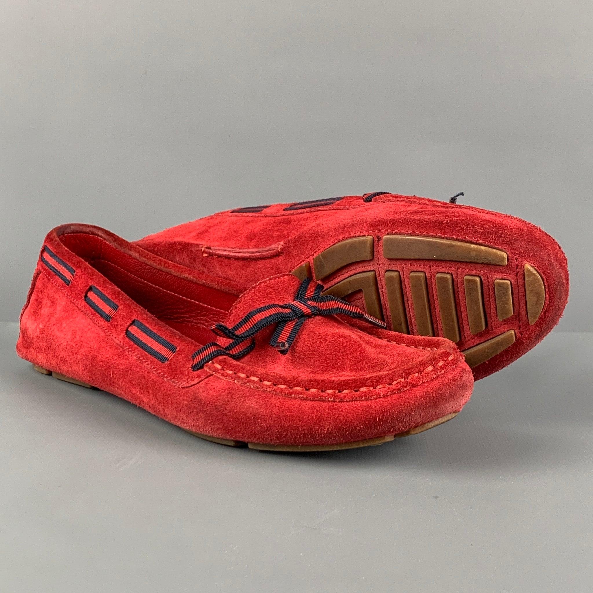 Vintage GUCCI Size 7 Red Navy Suede Ribbon Drivers Flats In Good Condition In San Francisco, CA