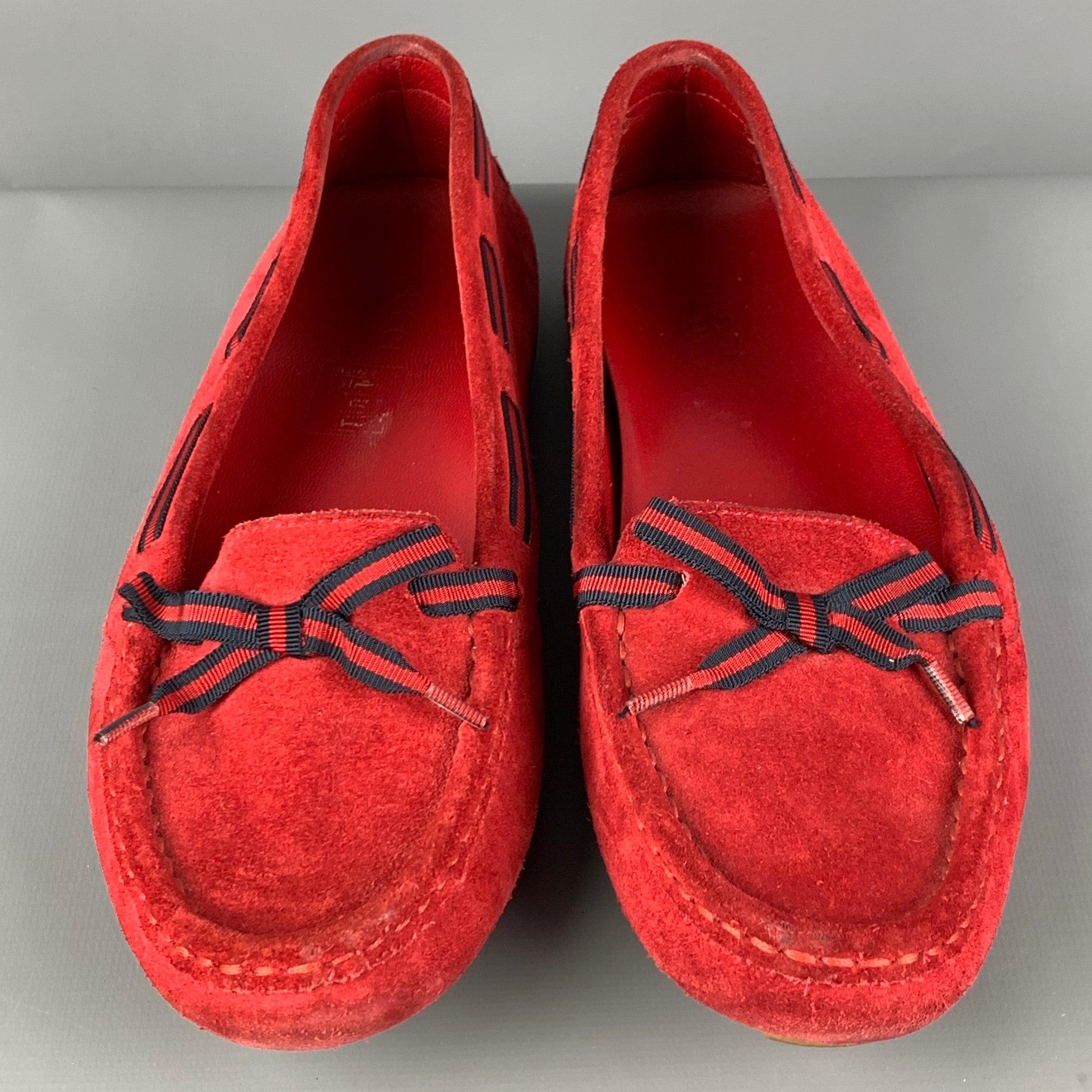 Women's Vintage GUCCI Size 7 Red Navy Suede Ribbon Drivers Flats