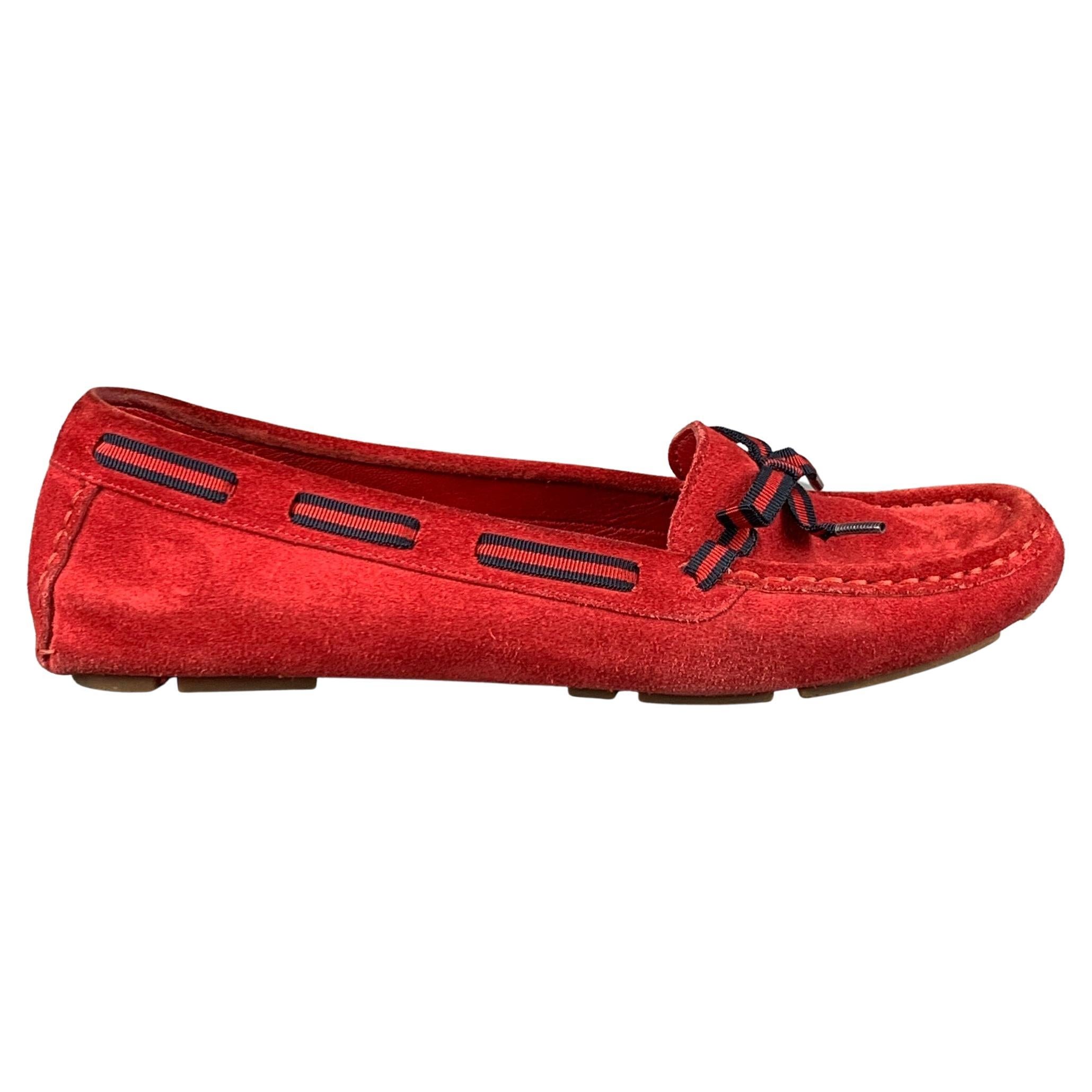 Vintage GUCCI Size 7 Red Navy Suede Ribbon Drivers Flats