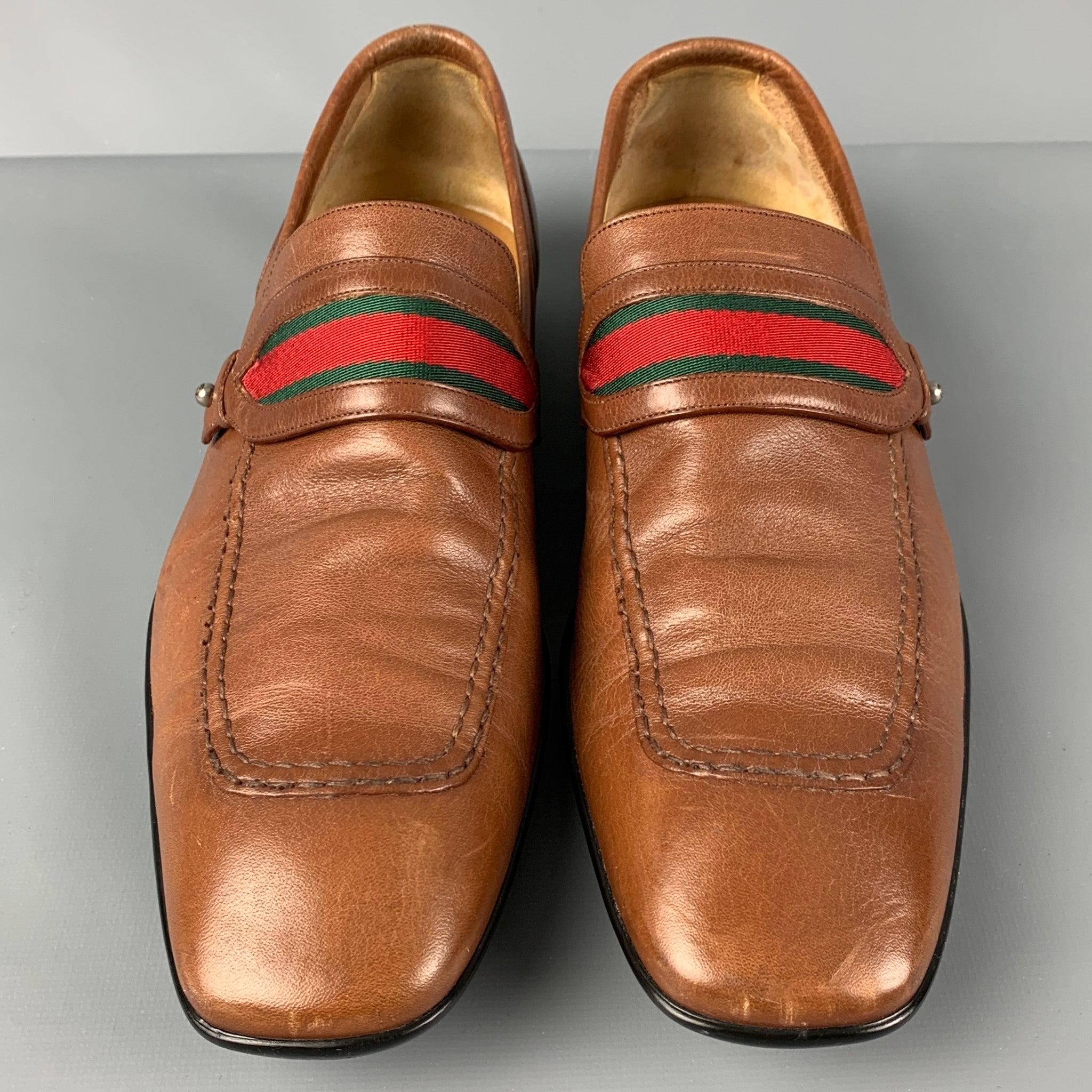 Men's Vintage GUCCI Size 7.5 Tan Green Red Slip On Loafers For Sale