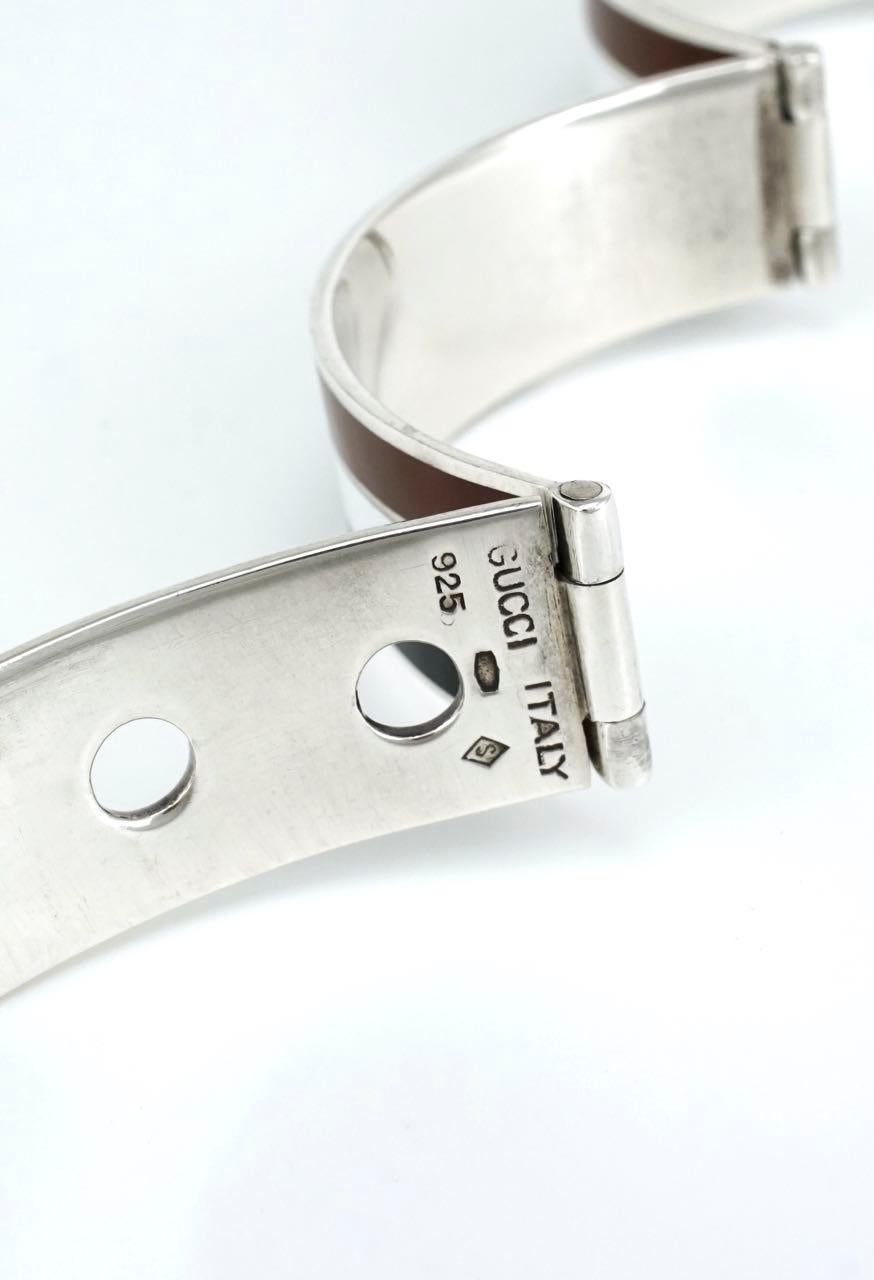 Modernist Vintage Gucci Solid Silver White Brown Black Enamel Belt Buckle Bracelet, 1960s