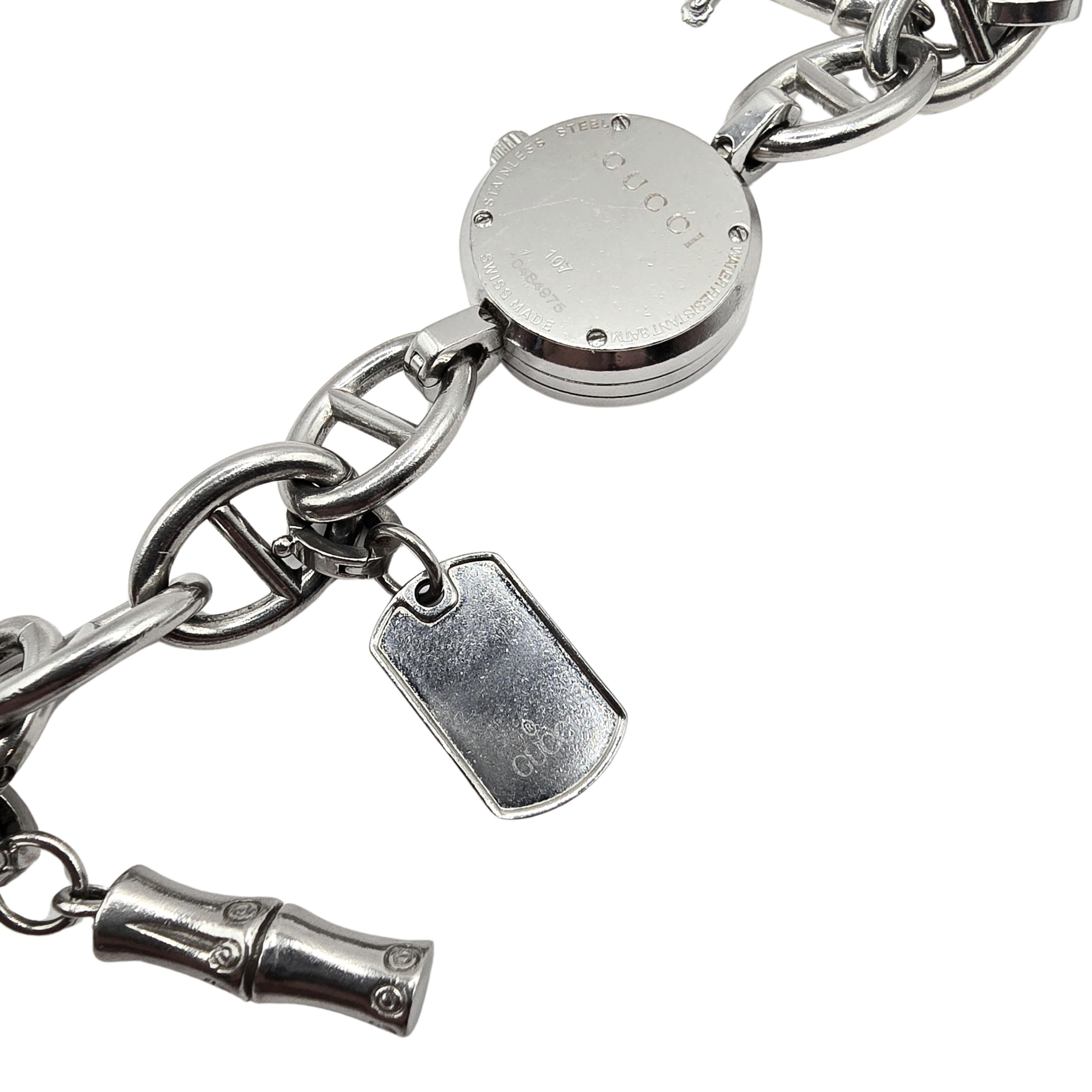 Vintage Gucci Stainless Steel Bracelet Watch with Charms Model 107 For Sale 2