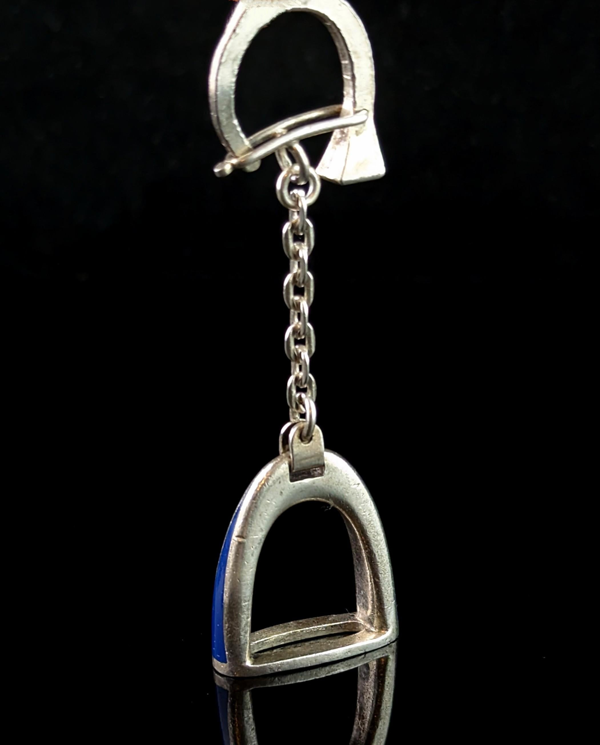 Modern Vintage Gucci sterling silver and enamel keychain, charm, Stirrup and nail For Sale