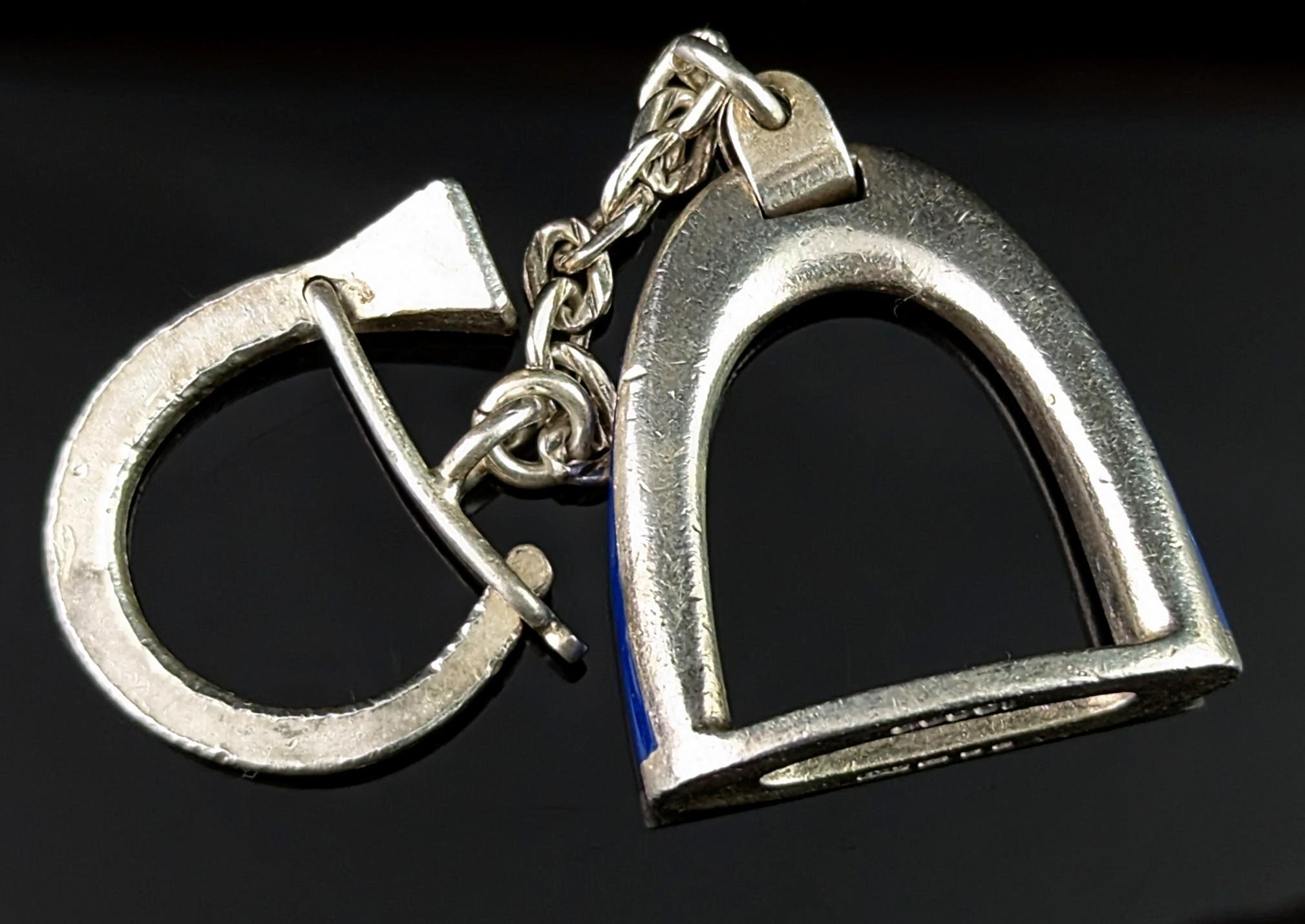 Vintage Gucci sterling silver and enamel keychain, charm, Stirrup and nail For Sale 1