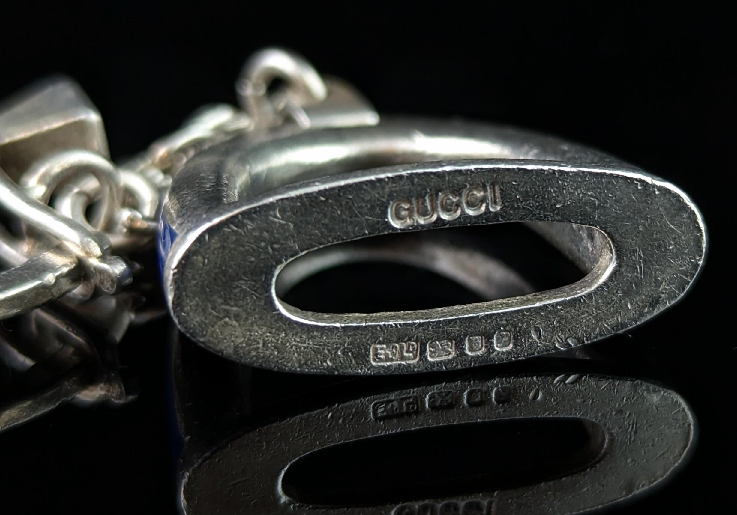 Vintage Gucci sterling silver and enamel keychain, charm, Stirrup and nail For Sale 2