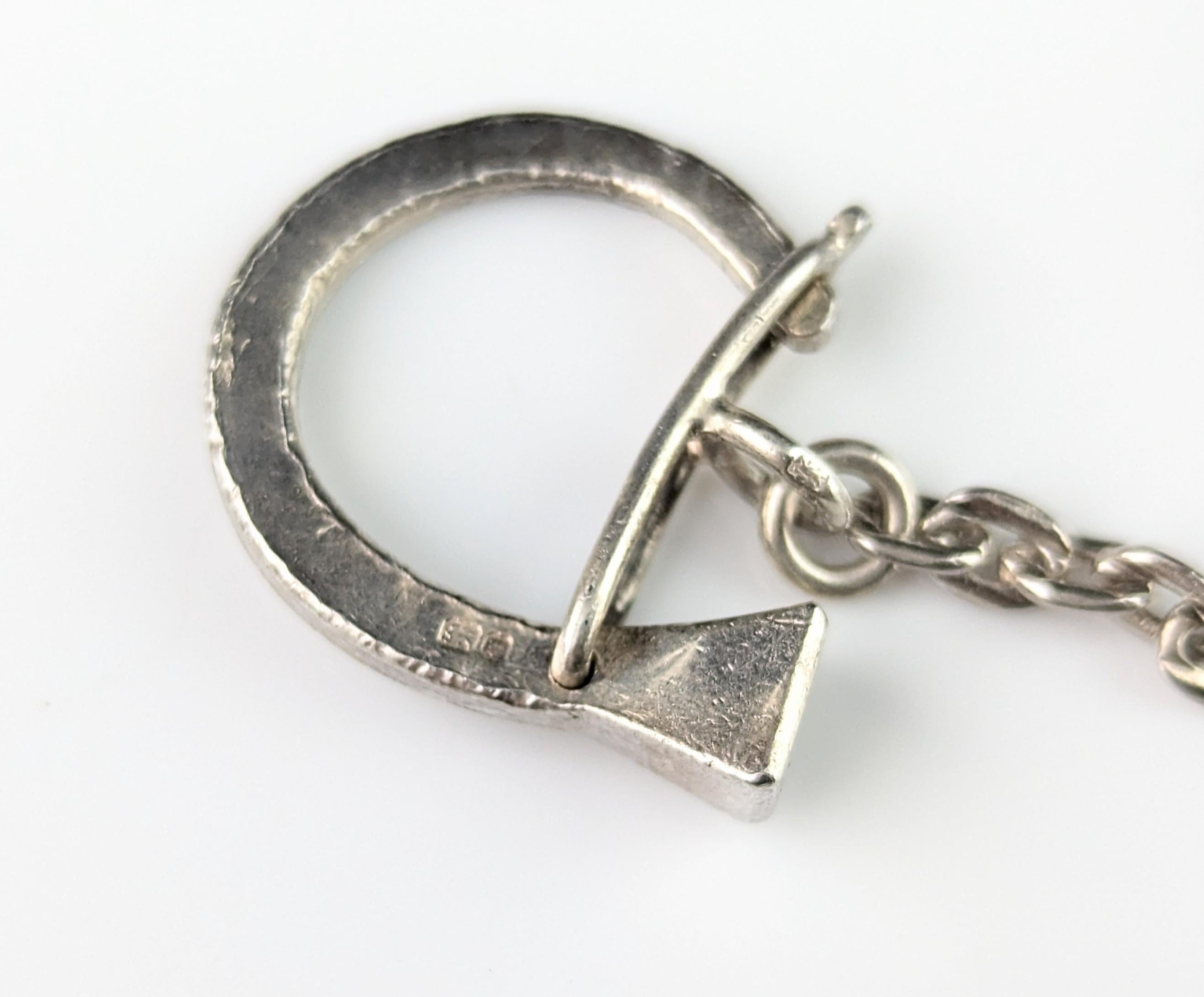 Vintage Gucci sterling silver and enamel keychain, charm, Stirrup and nail For Sale 4