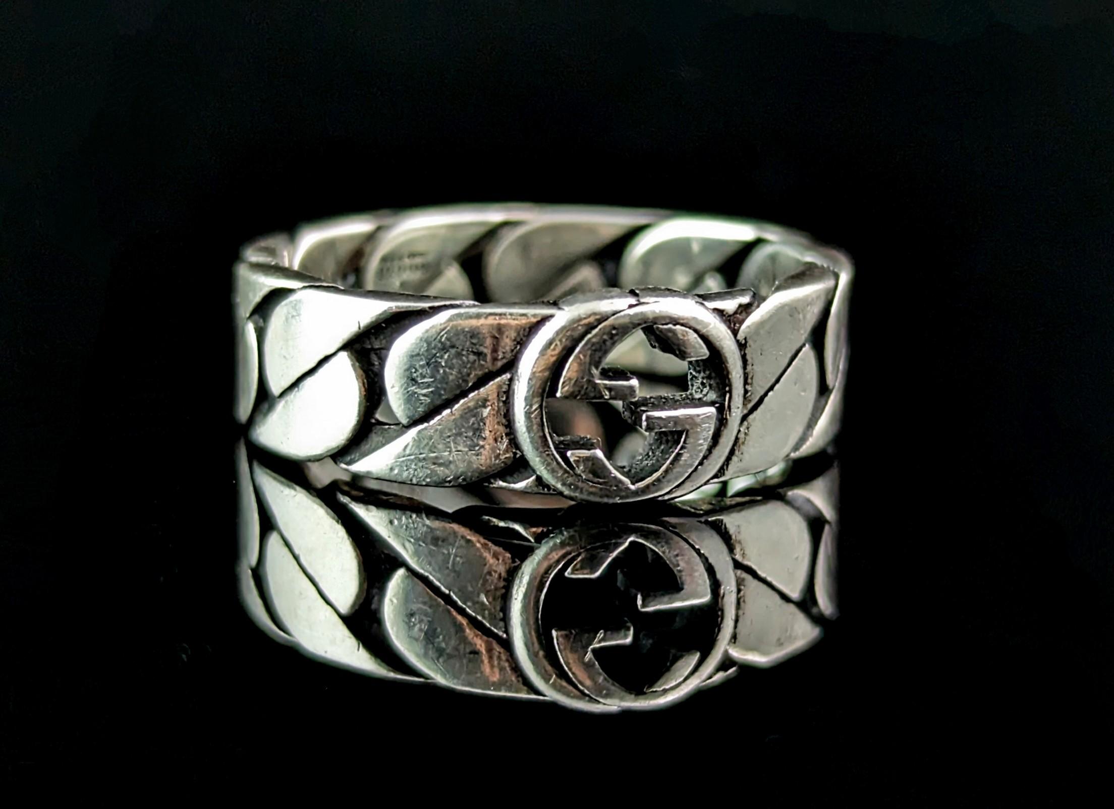 Vintage Gucci sterling silver chain ring, interlocking GG, Boxed  1