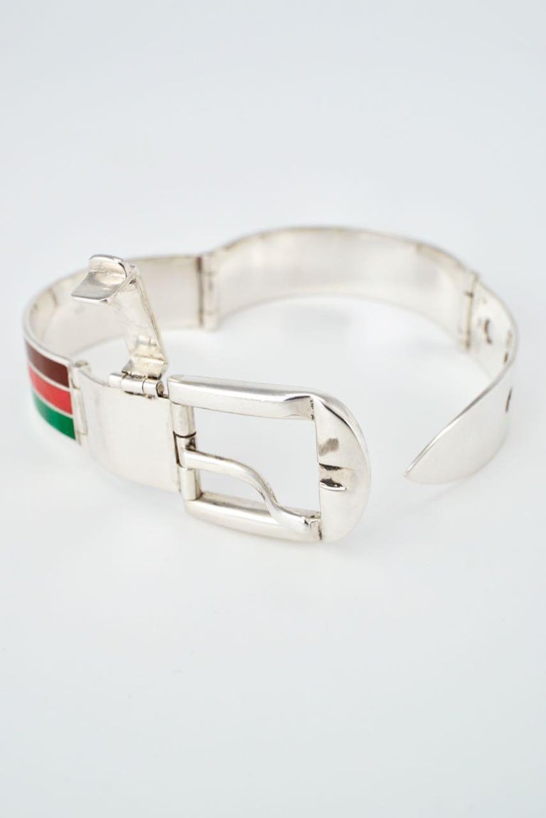 Vintage Gucci Sterling Silver Enamel Belt Buckle Bracelet, 1960s at