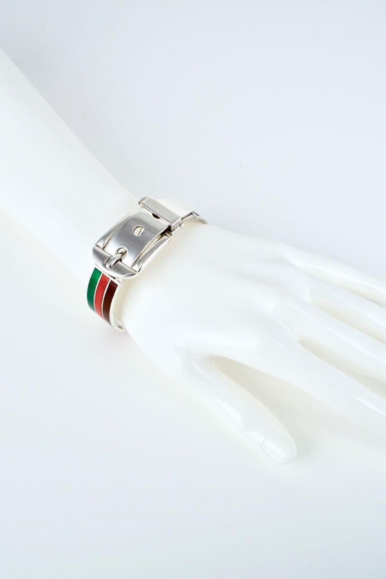 Vintage Gucci Sterling Silver Enamel Belt Buckle Bracelet, 1960s at