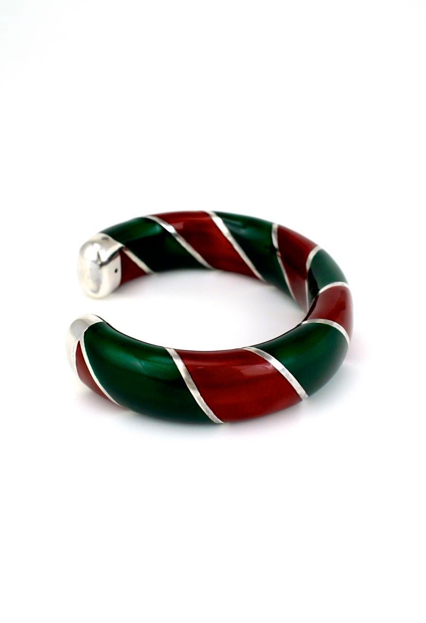 Vintage Gucci Sterling Silver Red and Green Enamel Designer Cuff Bangle, 1980s In Good Condition In Sydney, NSW