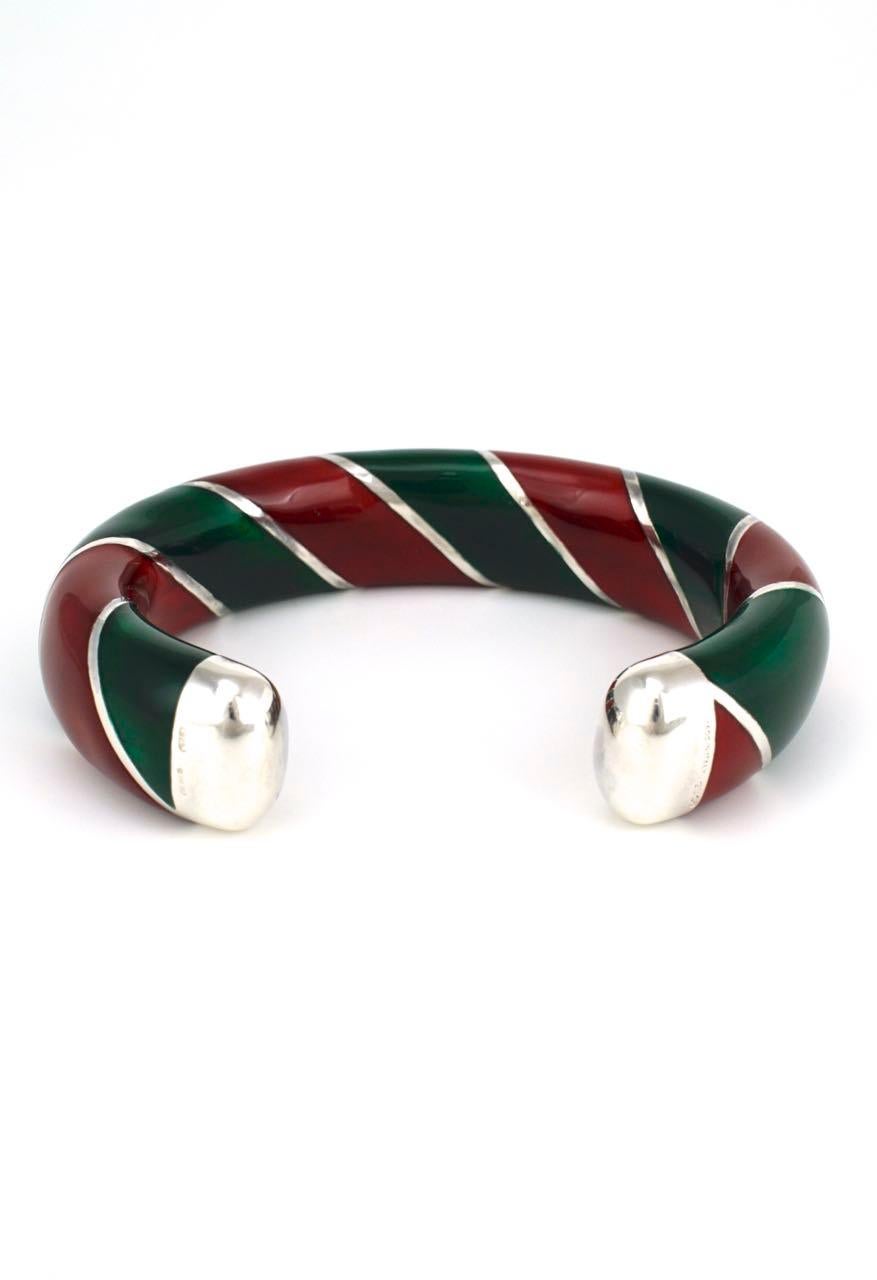 Women's Vintage Gucci Sterling Silver Red and Green Enamel Designer Cuff Bangle, 1980s
