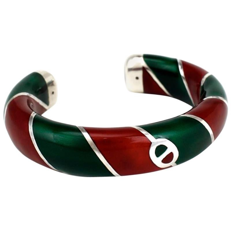Vintage Gucci Sterling Silver Red and Green Enamel Designer Cuff Bangle, 1980s
