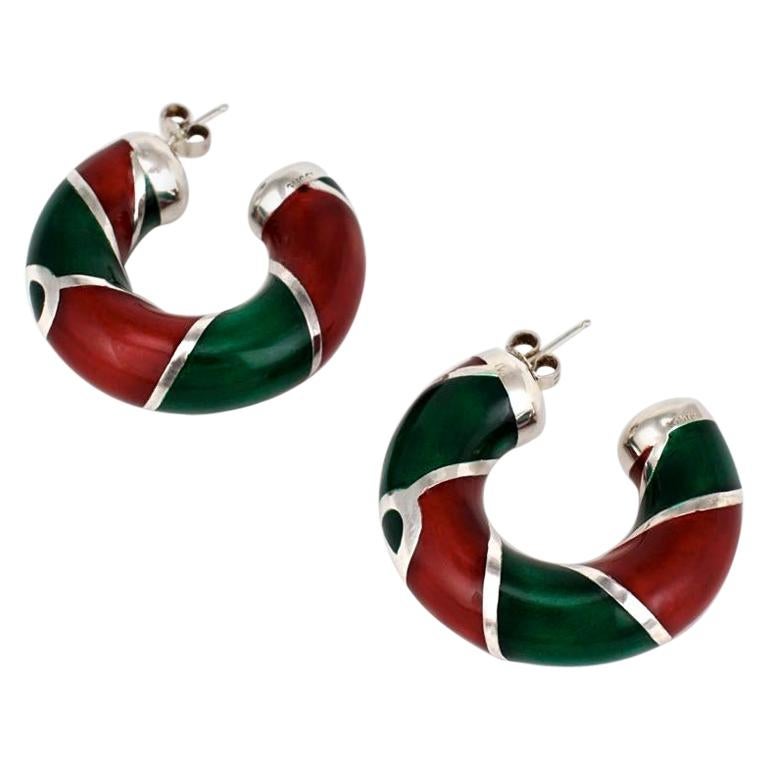 Vintage Gucci Sterling Silver Red and Green Enamel Designer Hoop Earrings, 1980s For Sale