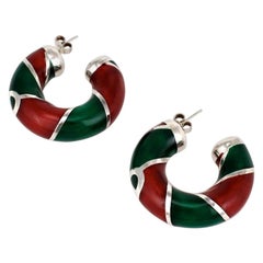 Retro Gucci Sterling Silver Red and Green Enamel Designer Hoop Earrings, 1980s