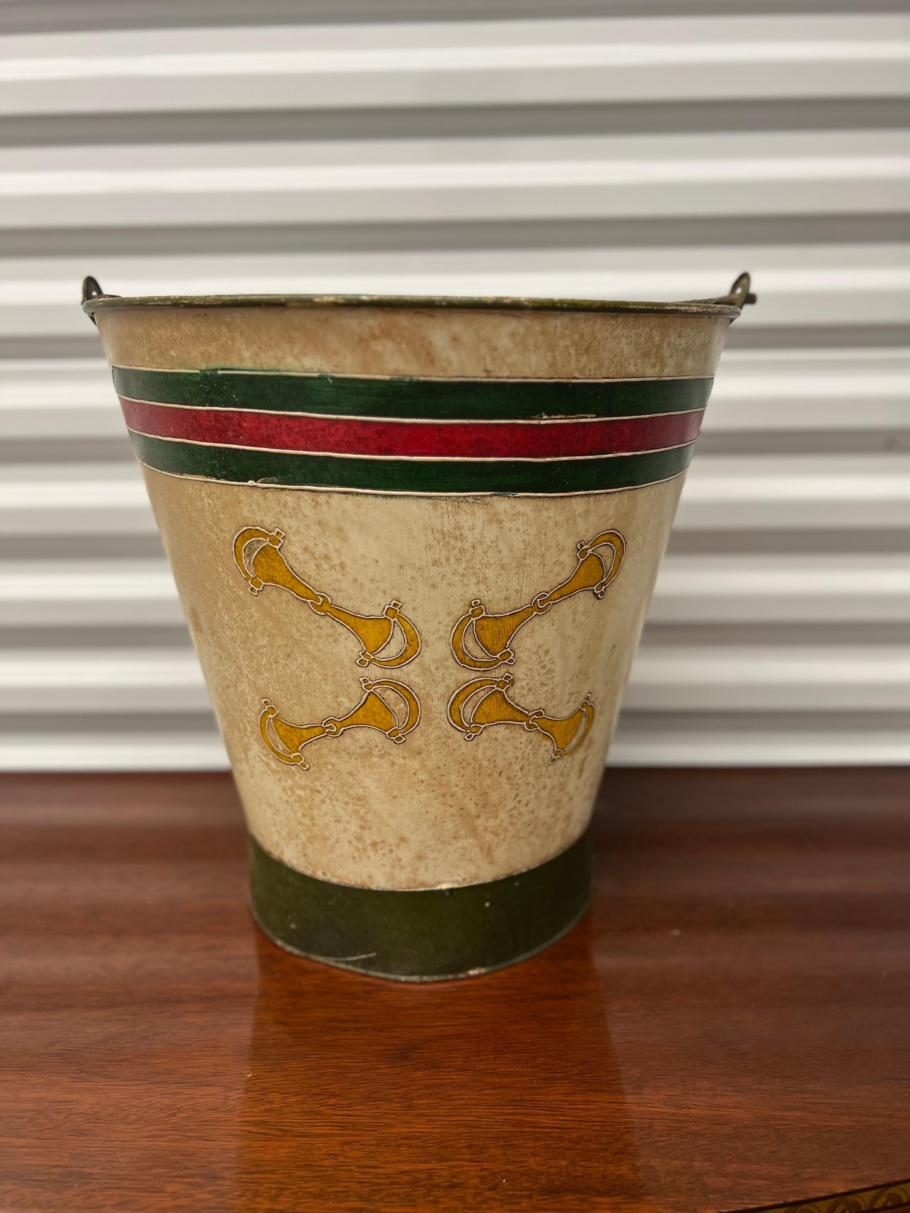 Vintage Gucci Style Hand Painted Horse Bit Bucket or Trash Can For Sale 4