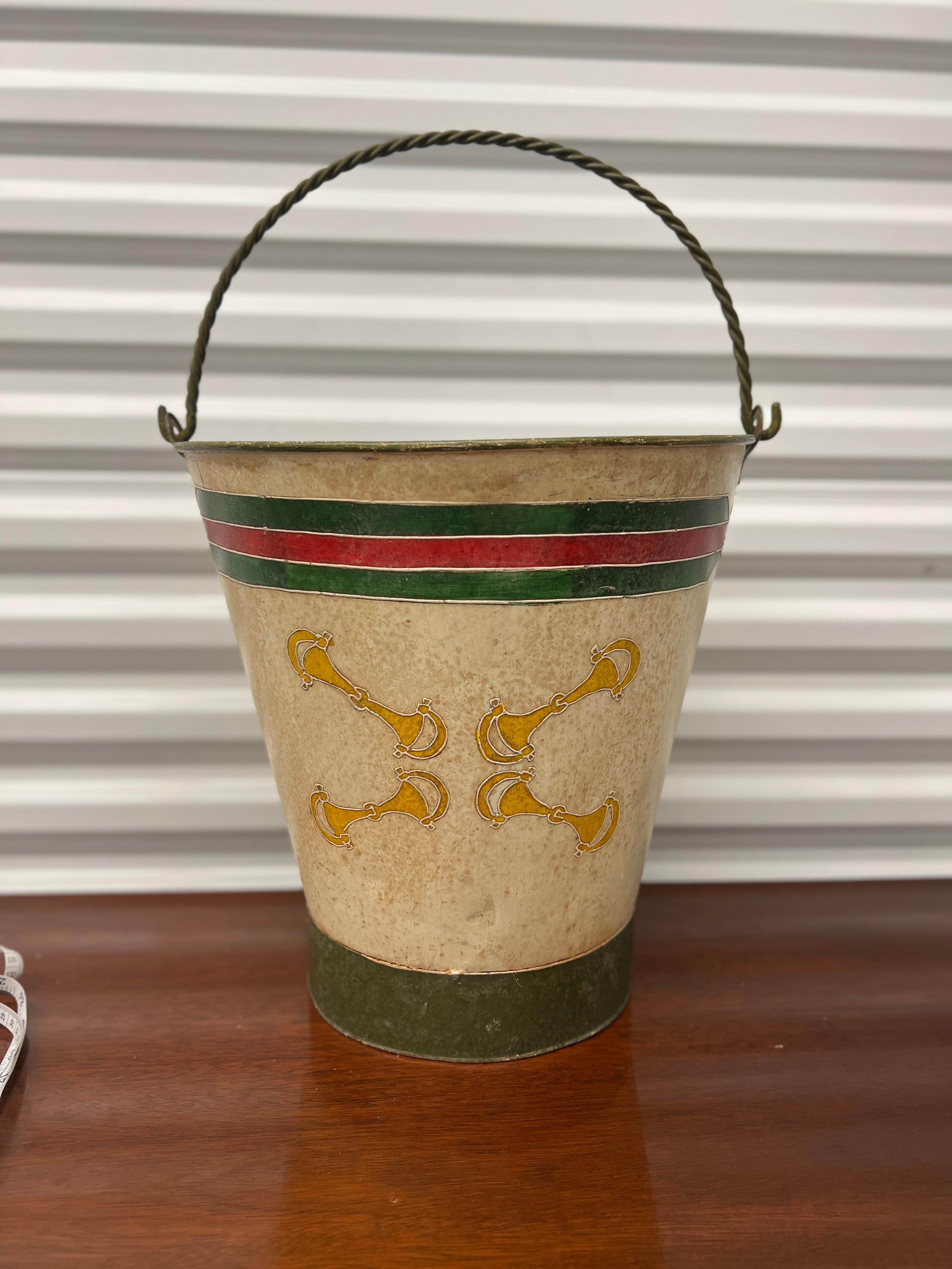 Metal Vintage Gucci Style Hand Painted Horse Bit Bucket or Trash Can For Sale
