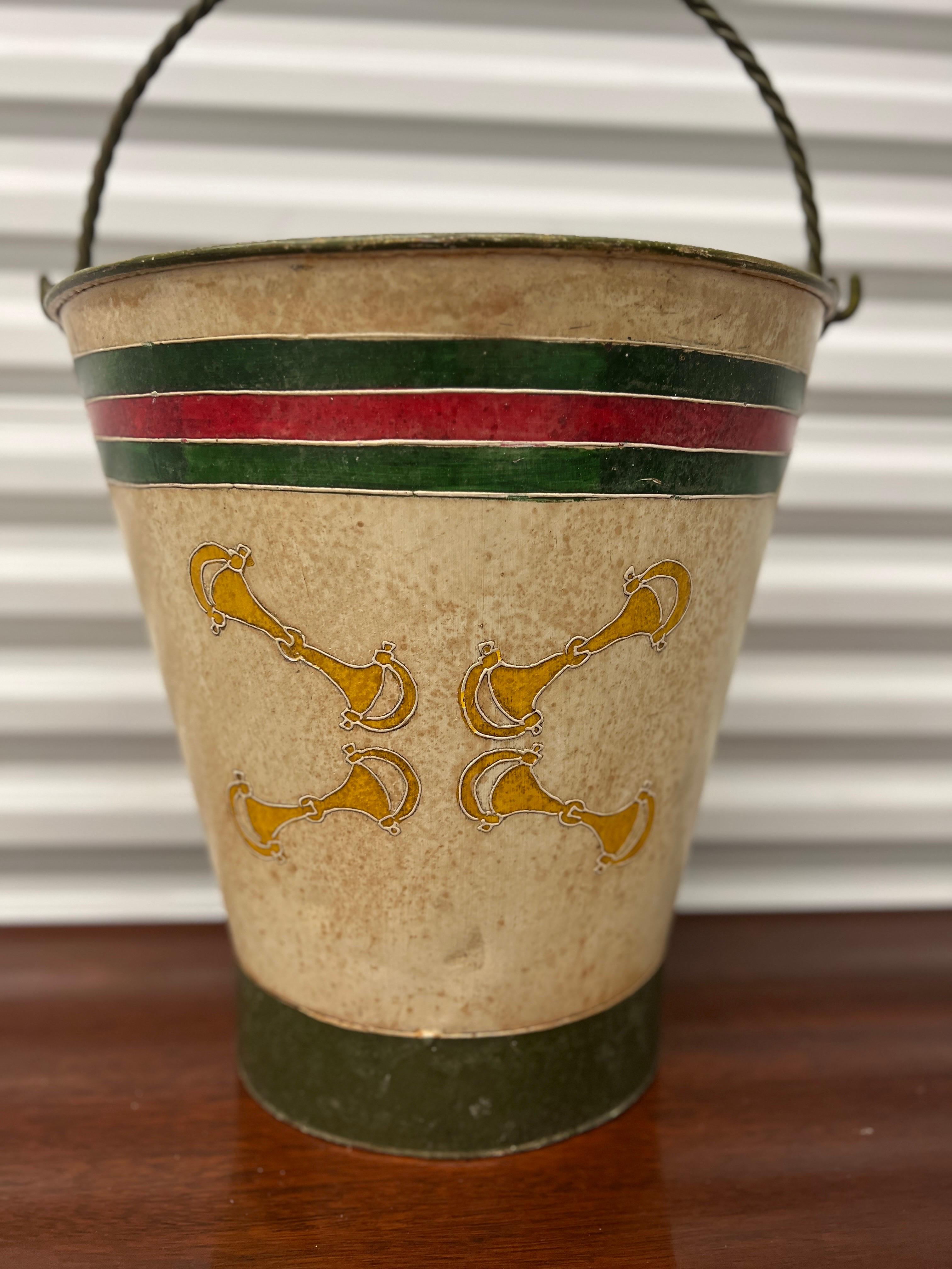 Vintage Gucci Style Hand Painted Horse Bit Bucket or Trash Can For Sale 1