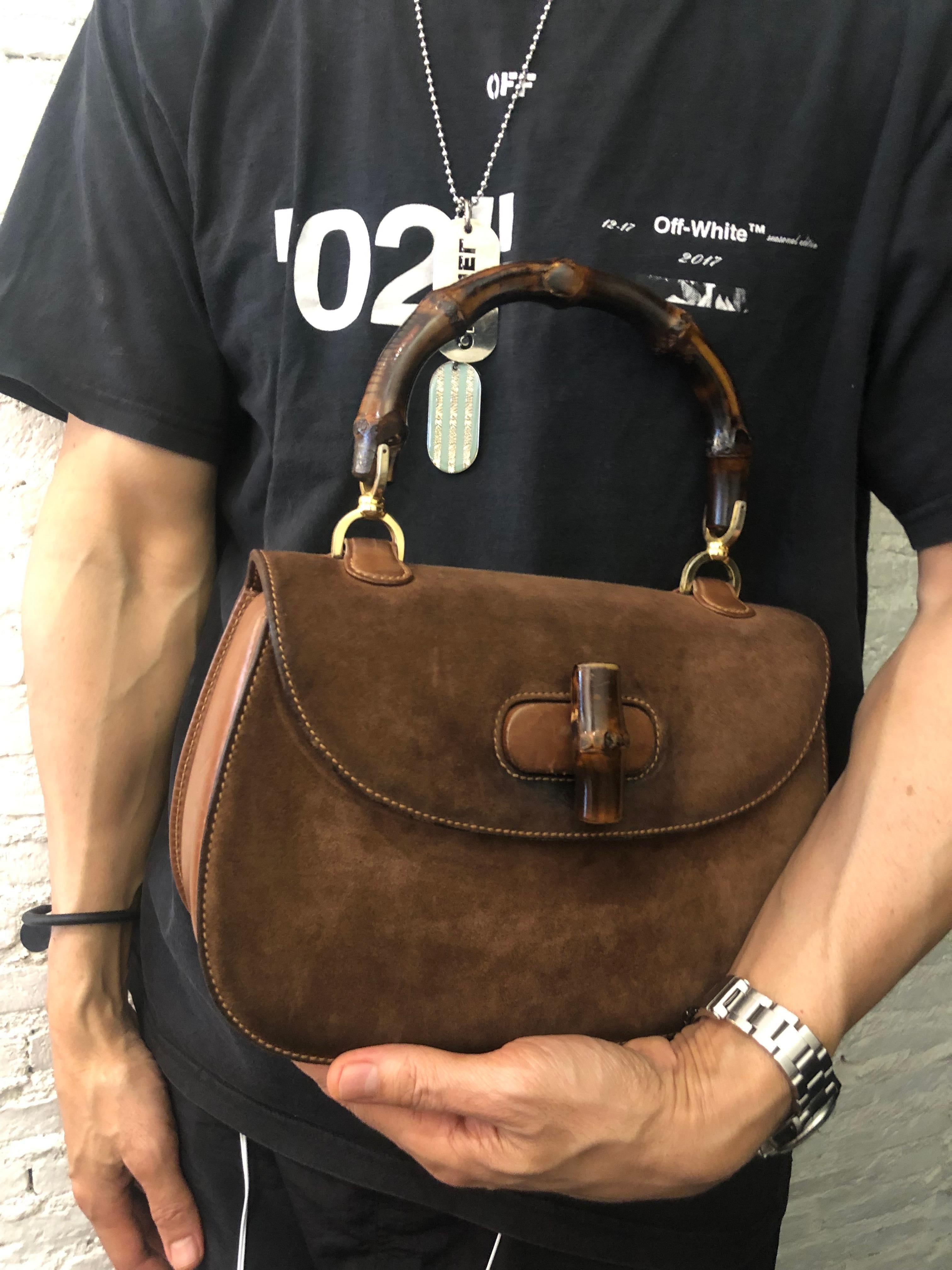 Vintage GUCCI Nubuck Leather Bamboo Top Handle Handbag Brown In Good Condition In Bangkok, TH