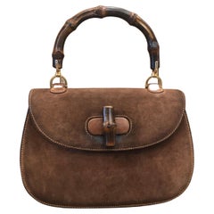 Vintage GUCCI Nubuck Leather Bamboo Top Handle Handbag Brown