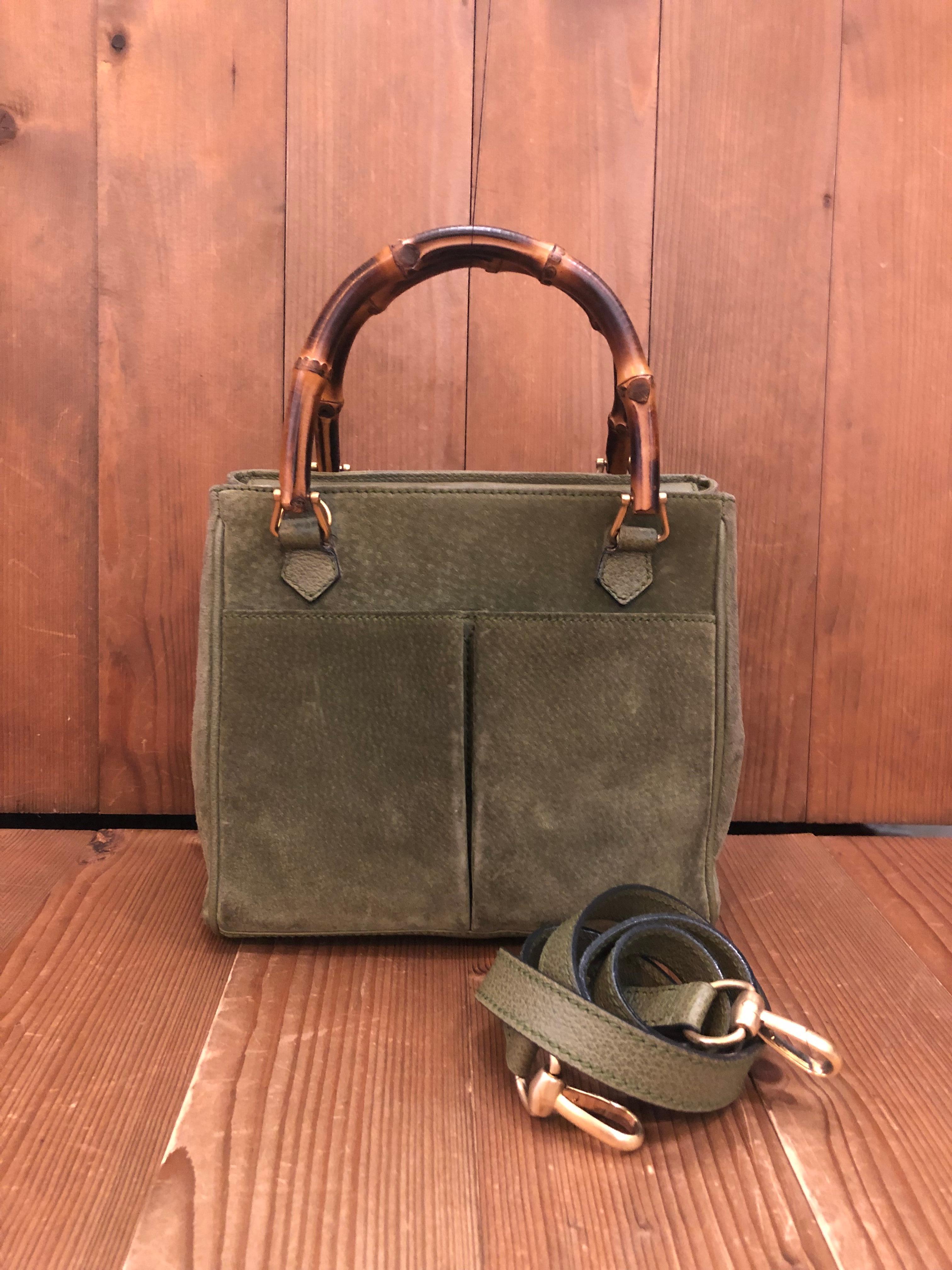 This vintage GUCCI 2-way shoulder bag is crafted of suede and pigskins leather in olive green and matt gold toned hardware. The front of this bag features two open pockets. Top magnetic snap closure open to diamanté jacquard interior with a zippered