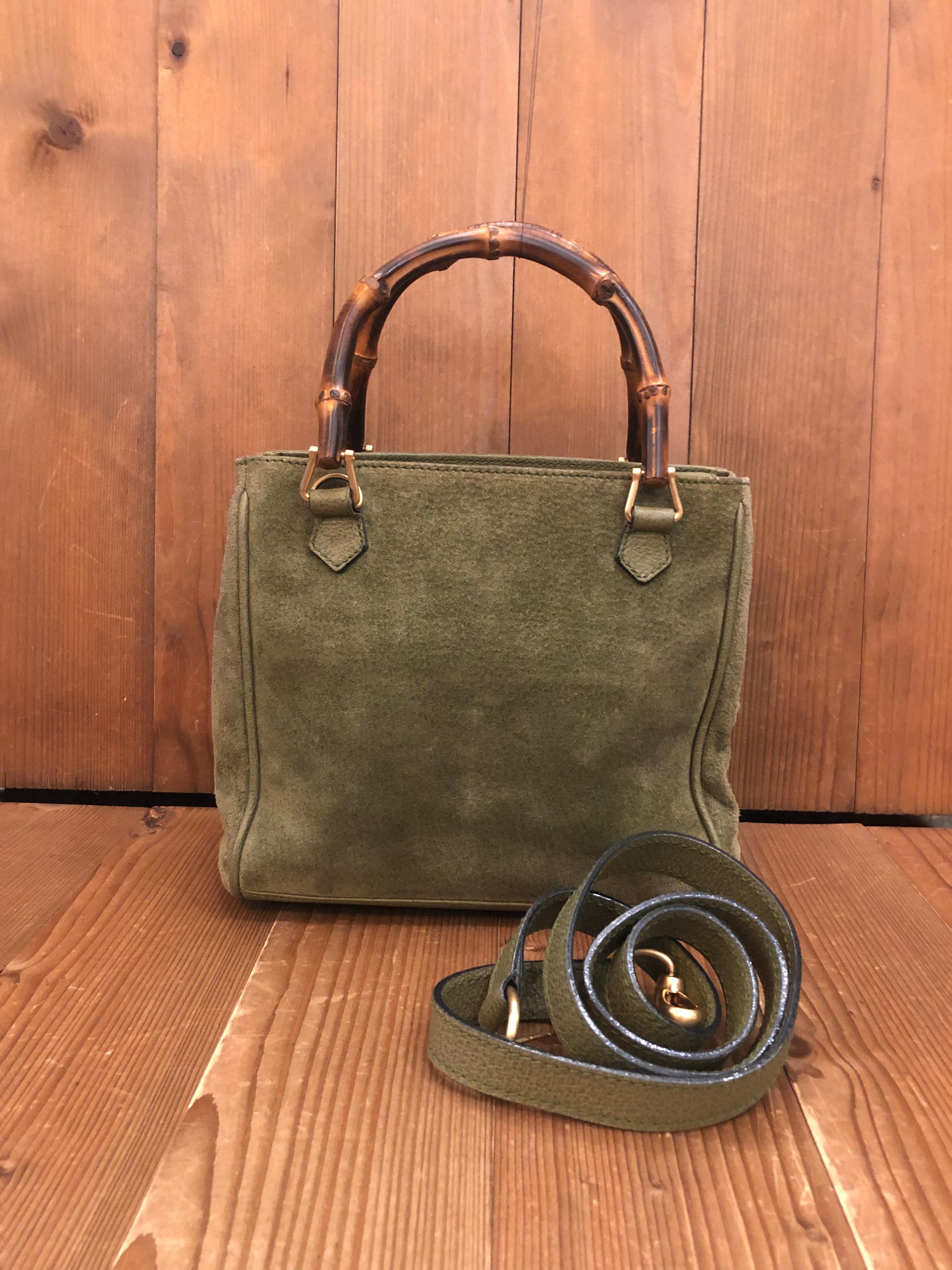 Vintage GUCCI Suede Two-Way Bamboo Handbag Crossbody Bag Olive Small In Good Condition In Bangkok, TH