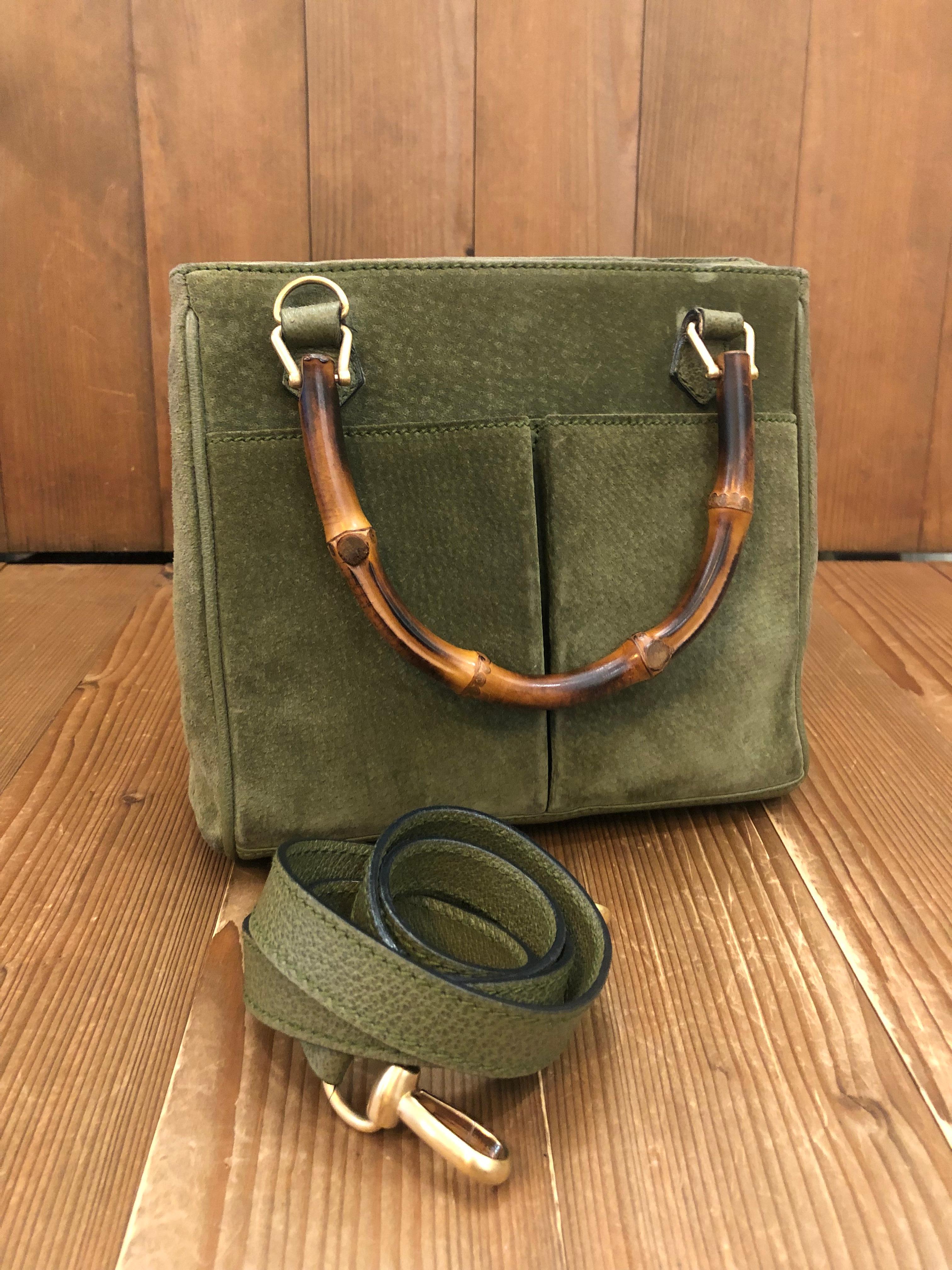 Women's or Men's Vintage GUCCI Suede Two-Way Bamboo Handbag Crossbody Bag Olive Small
