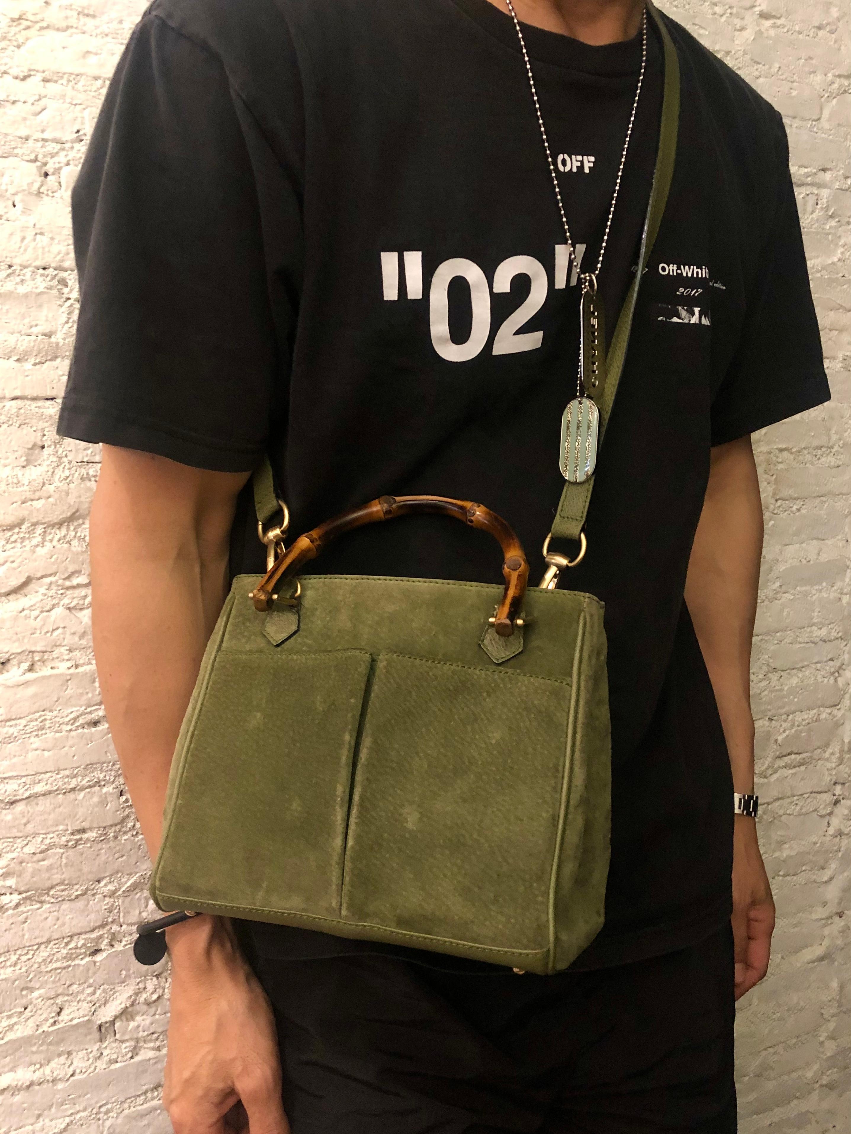 Vintage GUCCI Suede Two-Way Bamboo Handbag Crossbody Bag Olive Small 1