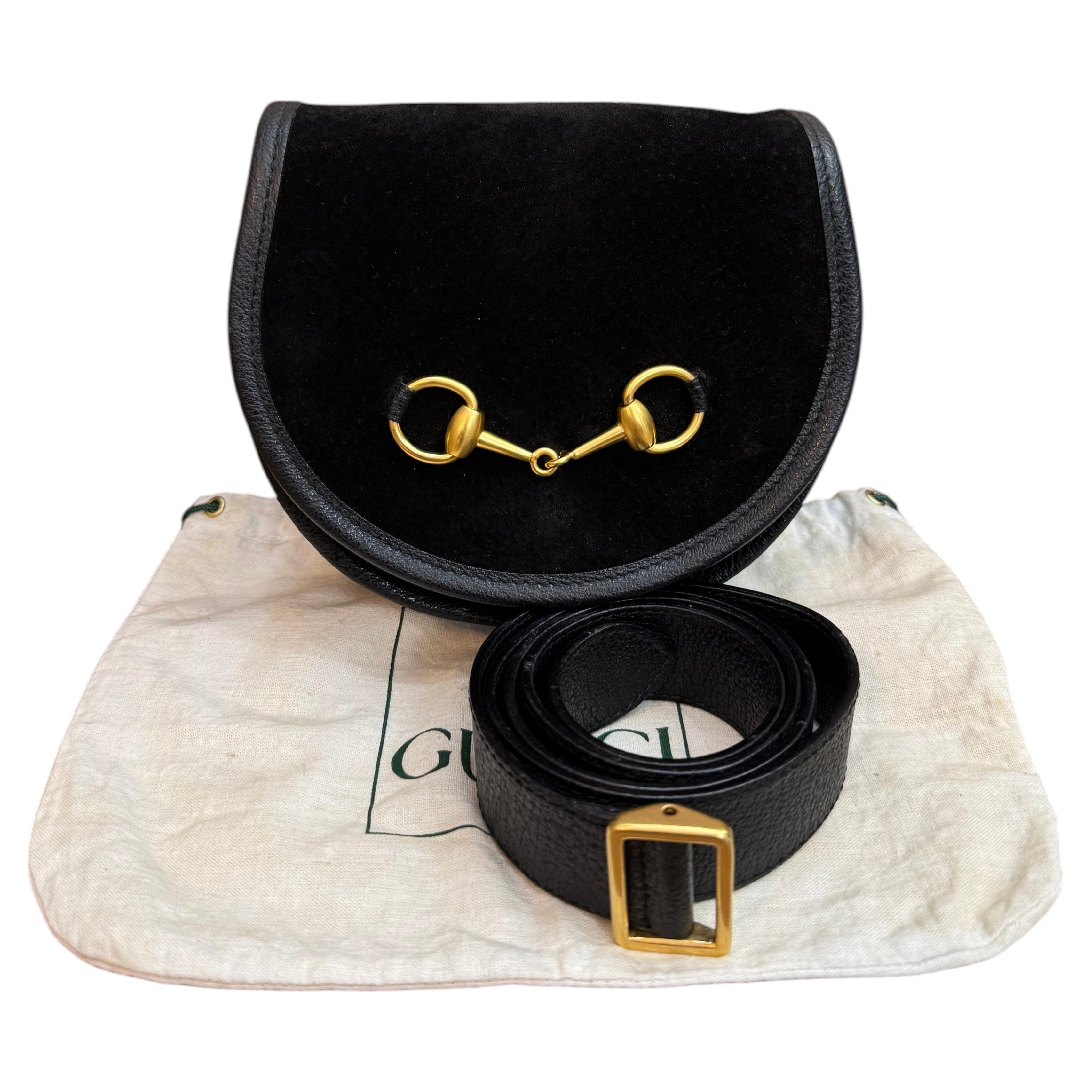 Vintage GUCCI Suede Horsebit Belt Bag Black For Sale
