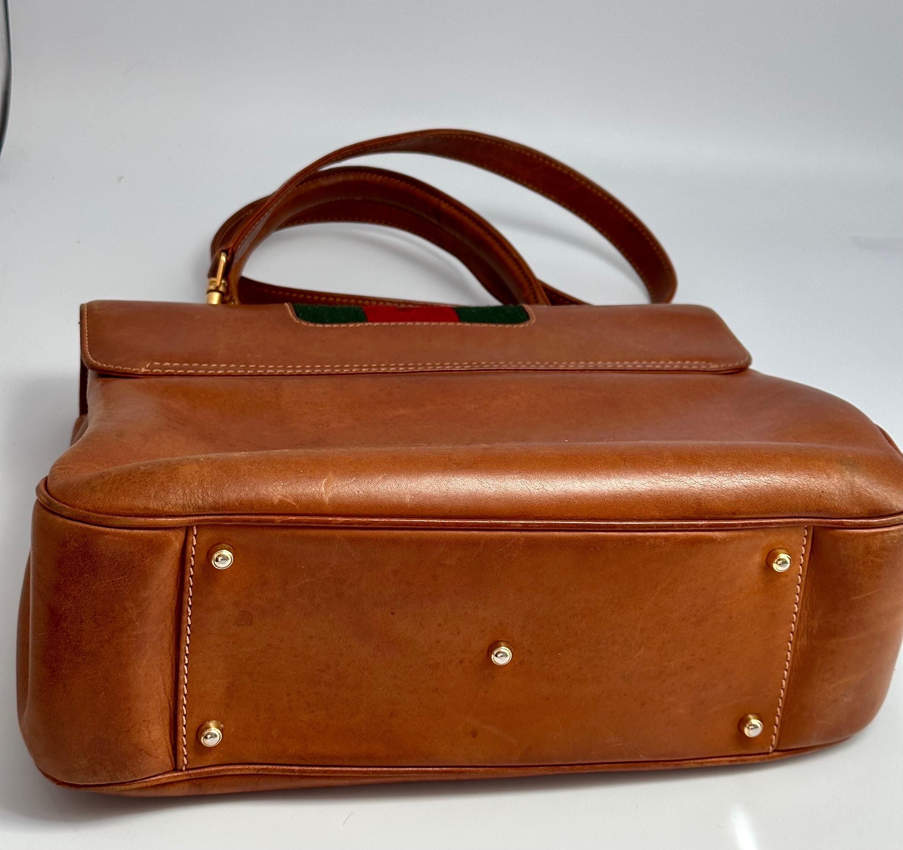 Vintage Gucci tan leather/ Brass / Fabric handbag estimated mid 1970’s 2