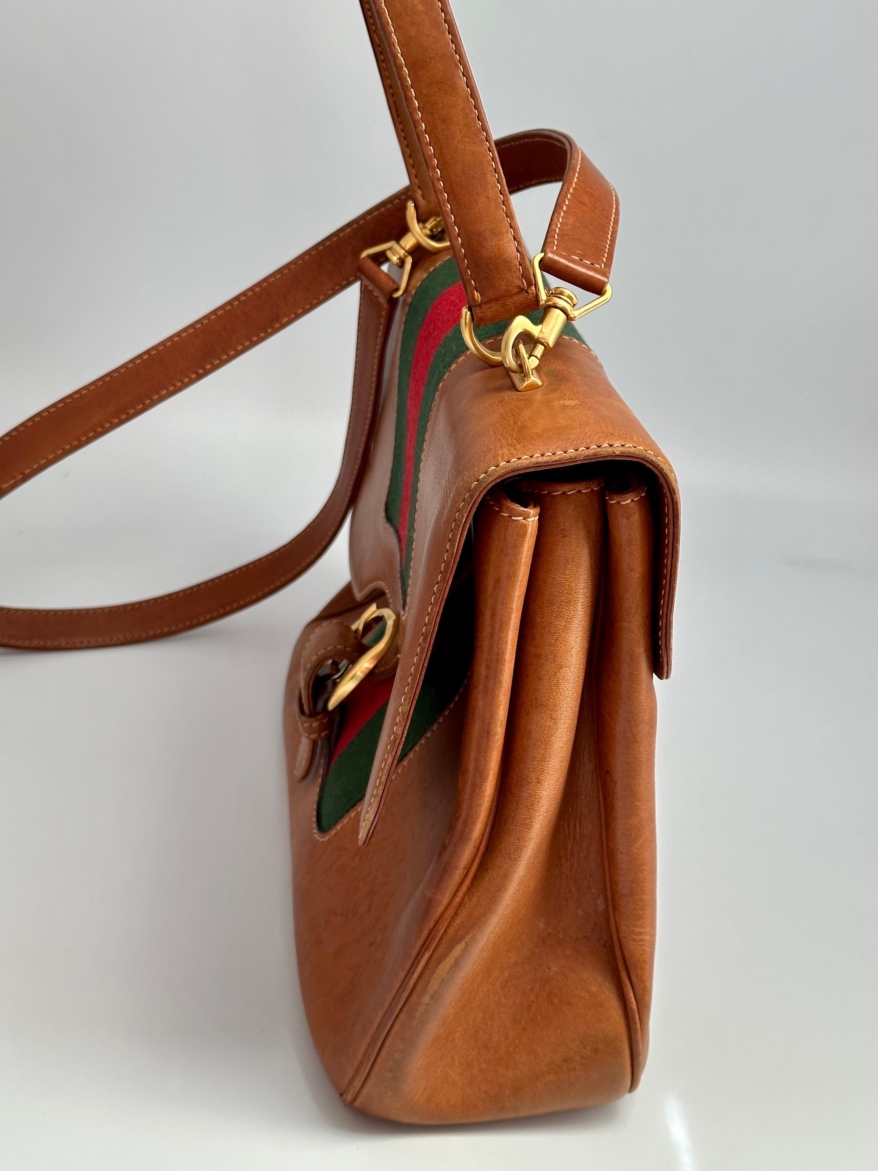 Vintage Gucci tan leather/ Brass / Fabric handbag estimated mid 1970’s 4