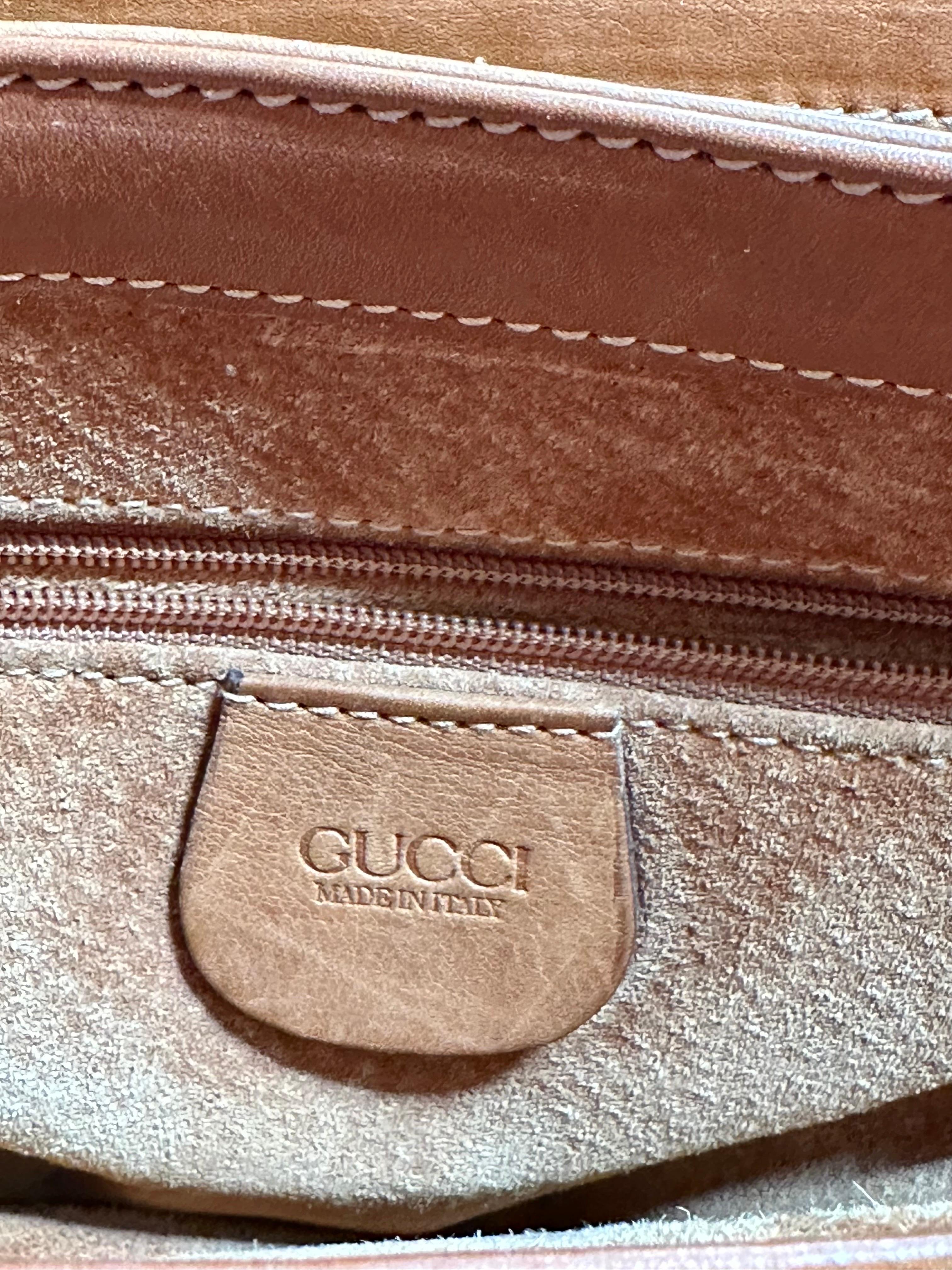 Vintage Gucci tan leather/ Brass / Fabric handbag estimated mid 1970’s 5