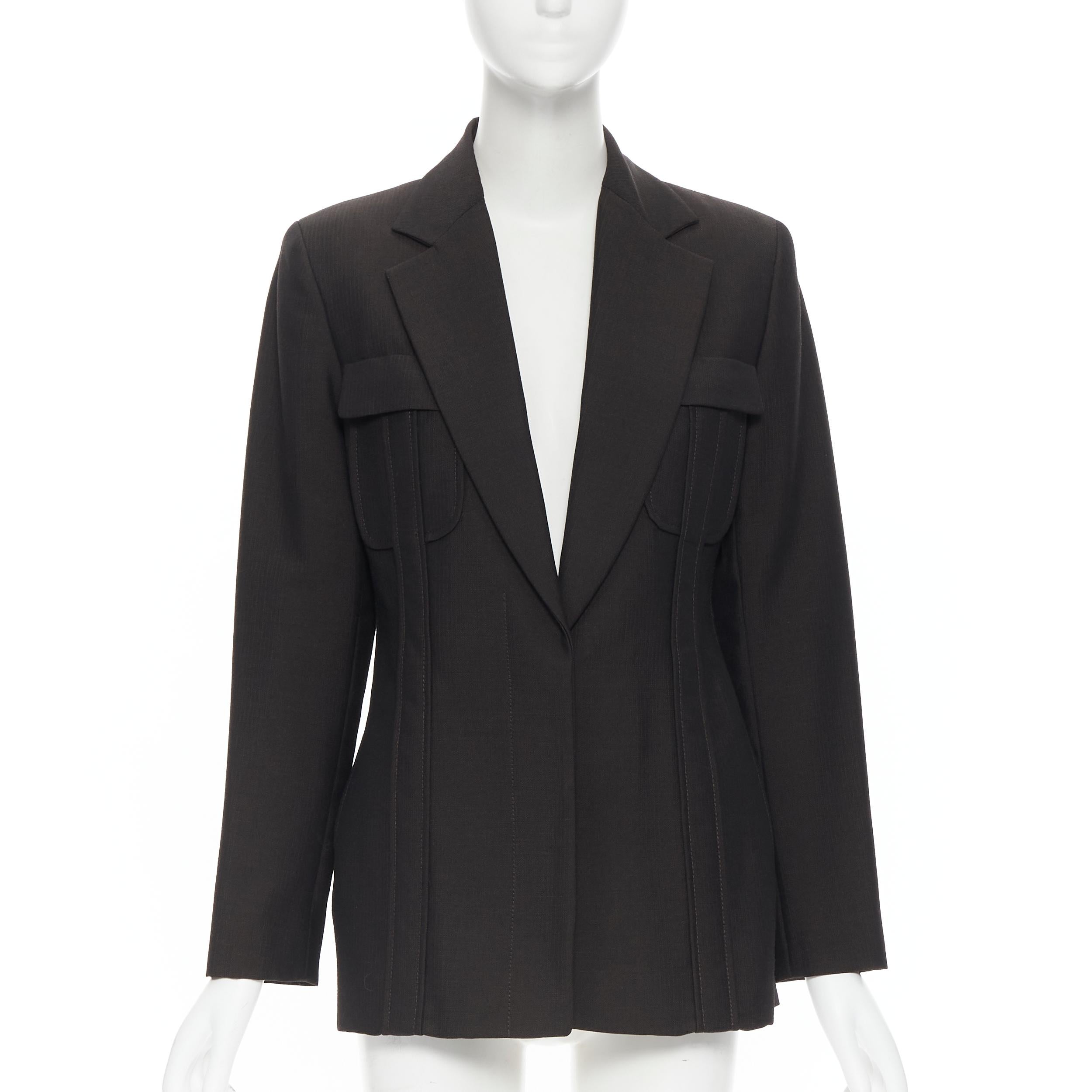 vintage GUCCI TOM FORD 1996 brown wool mohair dart front blazer pant set IT42 M 
Reference: GIYG/A00052 
Brand: Gucci 
Designer: Tom Ford 
Material: Wool 
Color: Brown 
Pattern: Solid 
Closure: Button 
Extra Detail: This blazer comes with the