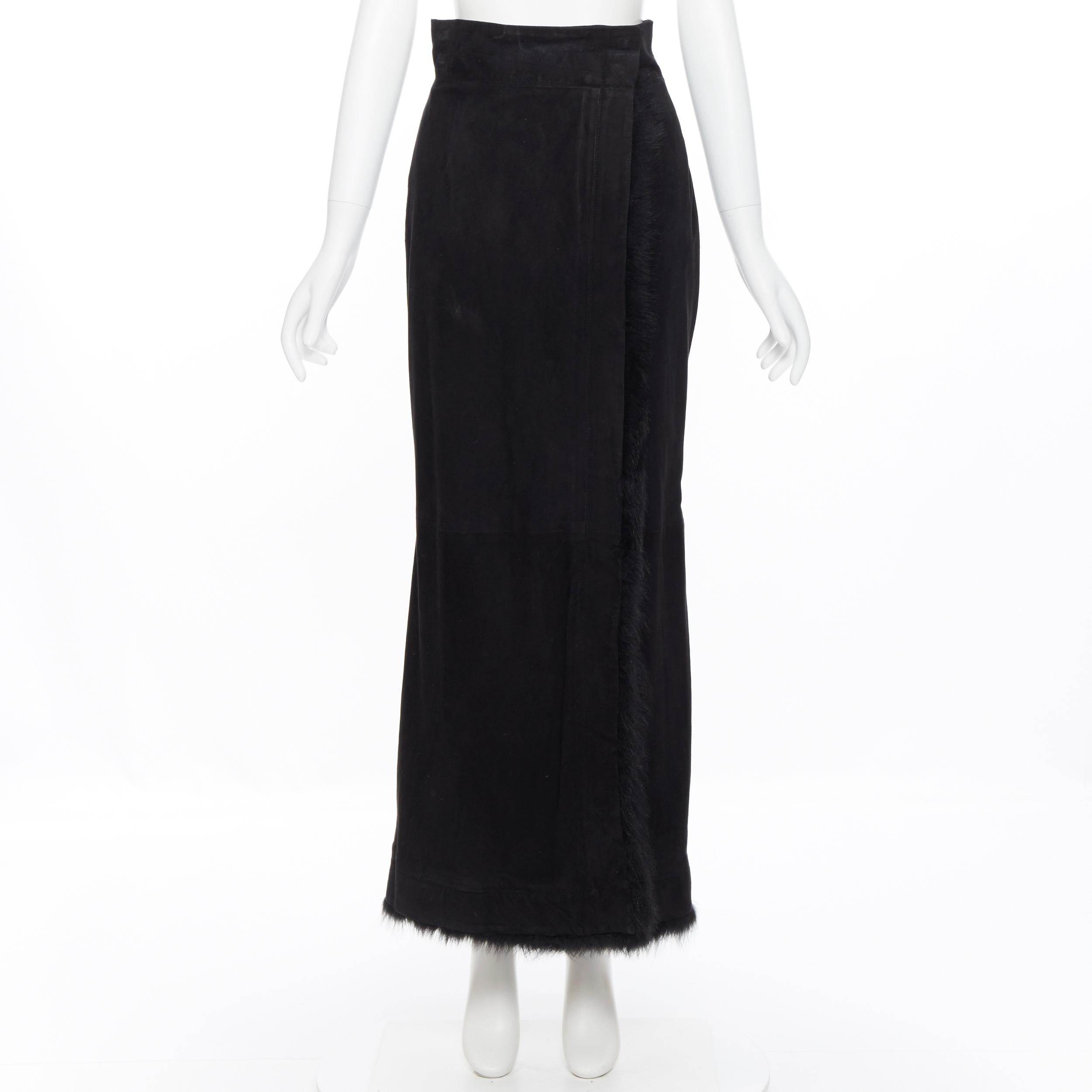 Black vintage GUCCI Tom Ford black suede  fur trimmed wrap midi skirt IT40 26