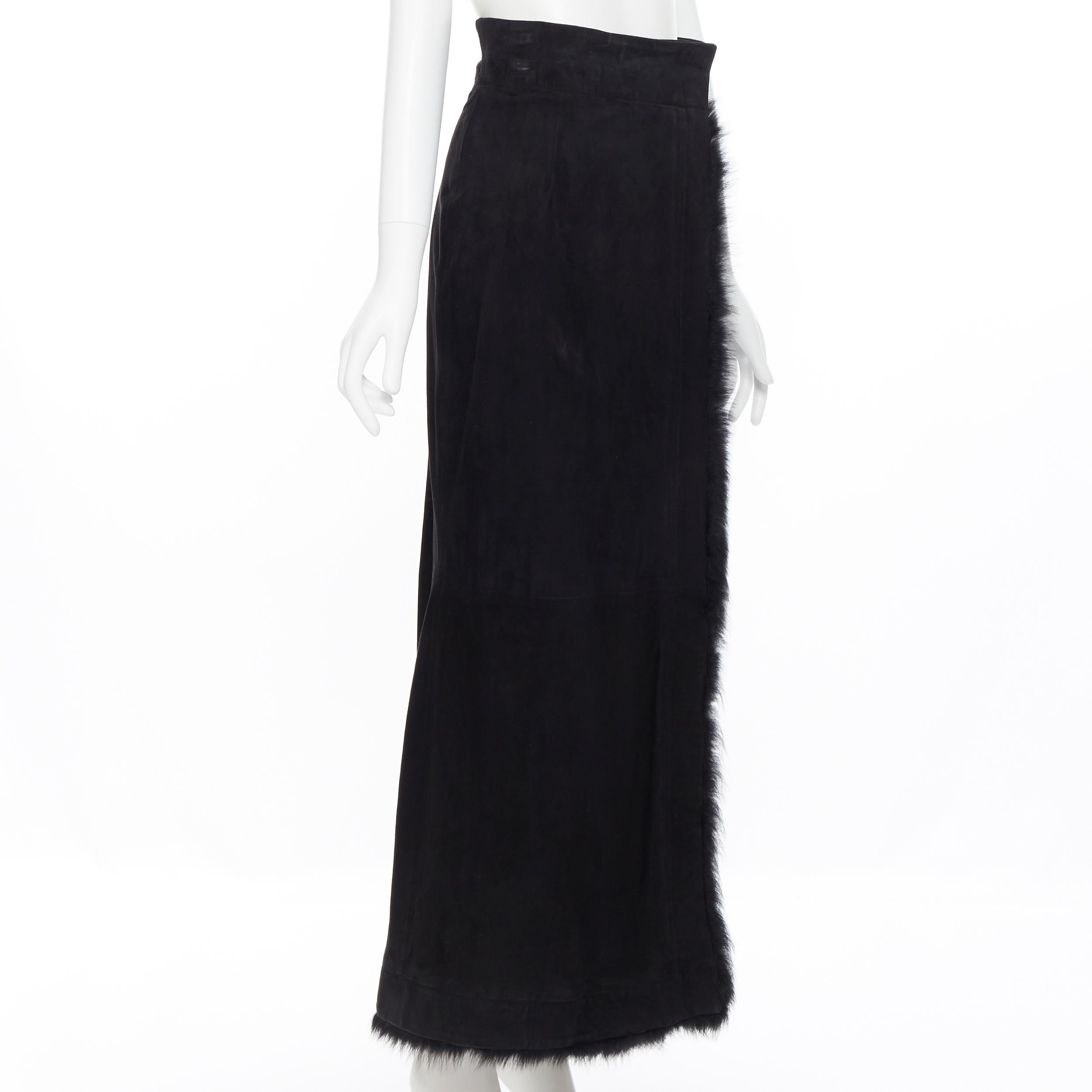 vintage GUCCI Tom Ford black suede  fur trimmed wrap midi skirt IT40 26