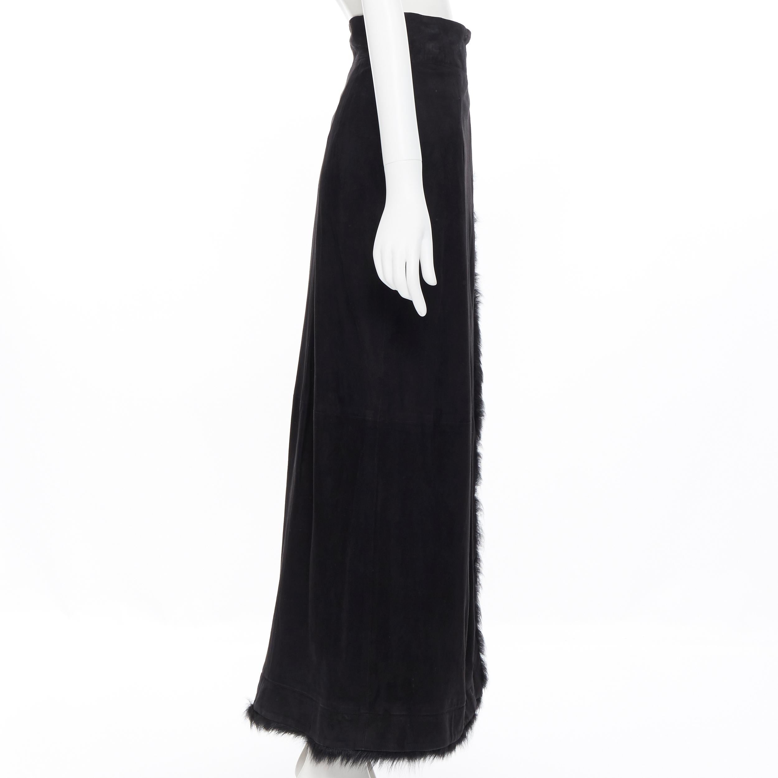 Women's vintage GUCCI Tom Ford black suede  fur trimmed wrap midi skirt IT40 26