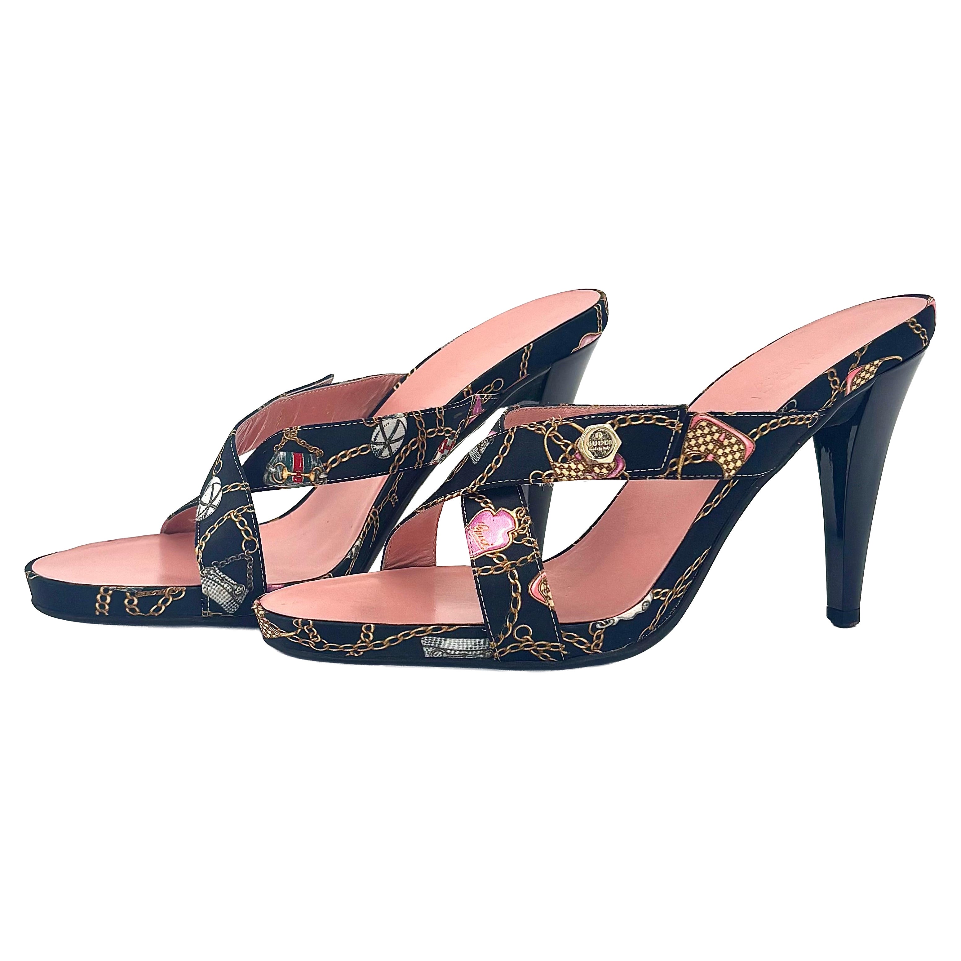 Vintage Gucci Tom Ford Chain Charm Print Satin Slip On Mules Sandals 7