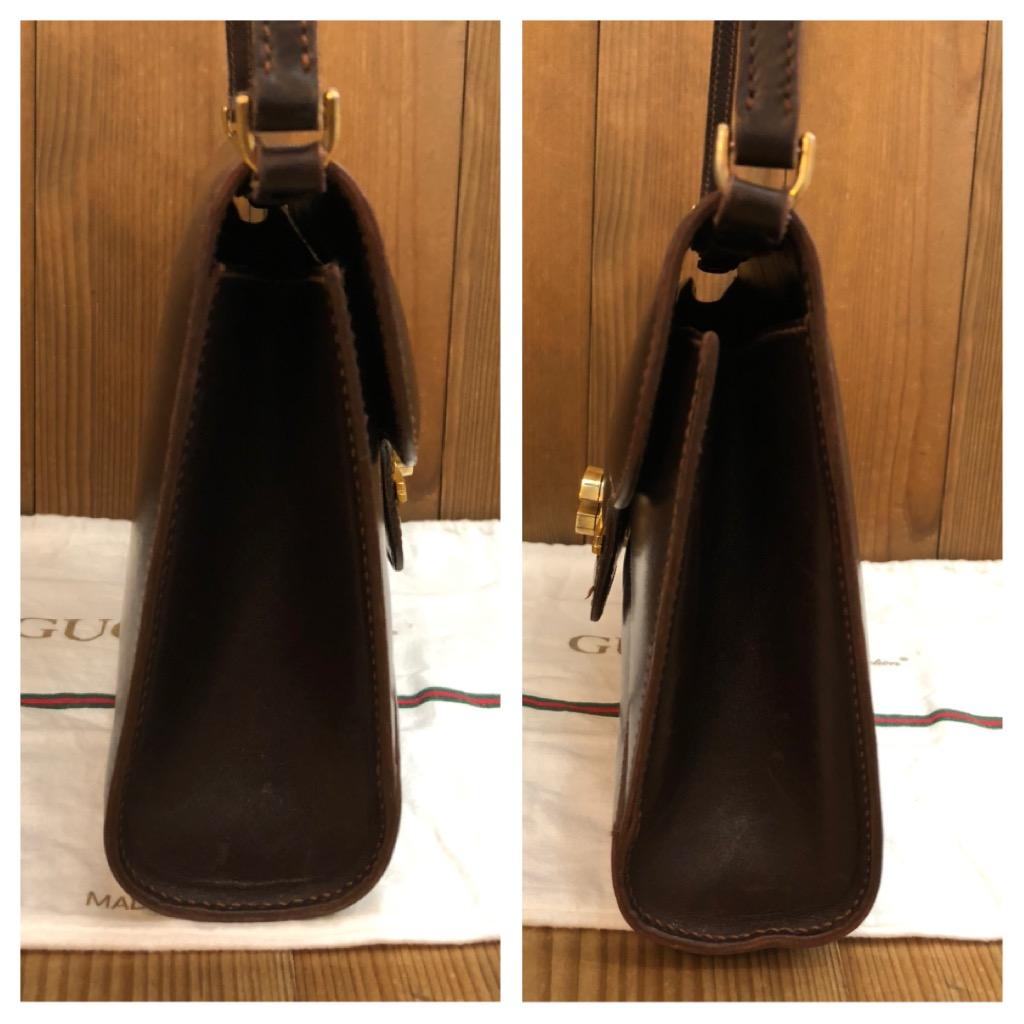1970s Vintage GUCCI Calfskin Leather Two-Way Clutch Shoulder Bag Turnlock Brown For Sale 3