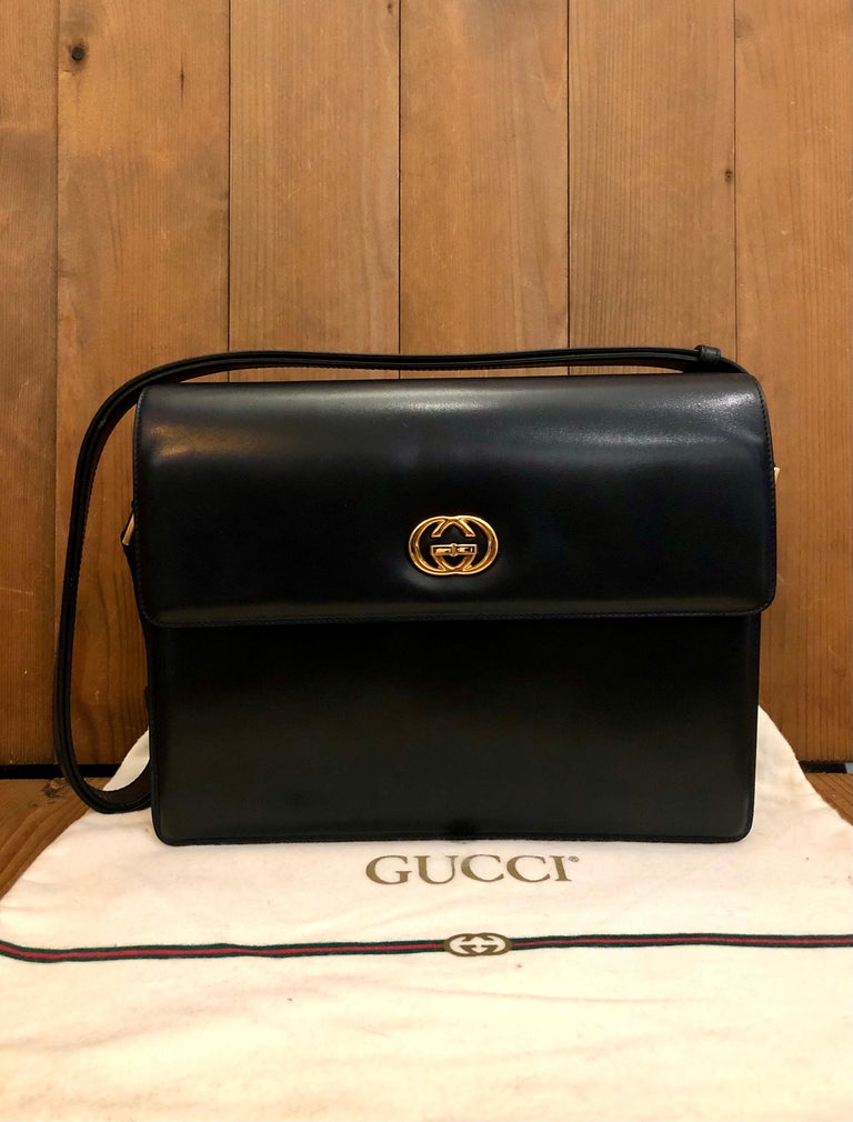 Vintage GUCCI Calfskin Leather Crossbody Box Bag Turnlock Navy For