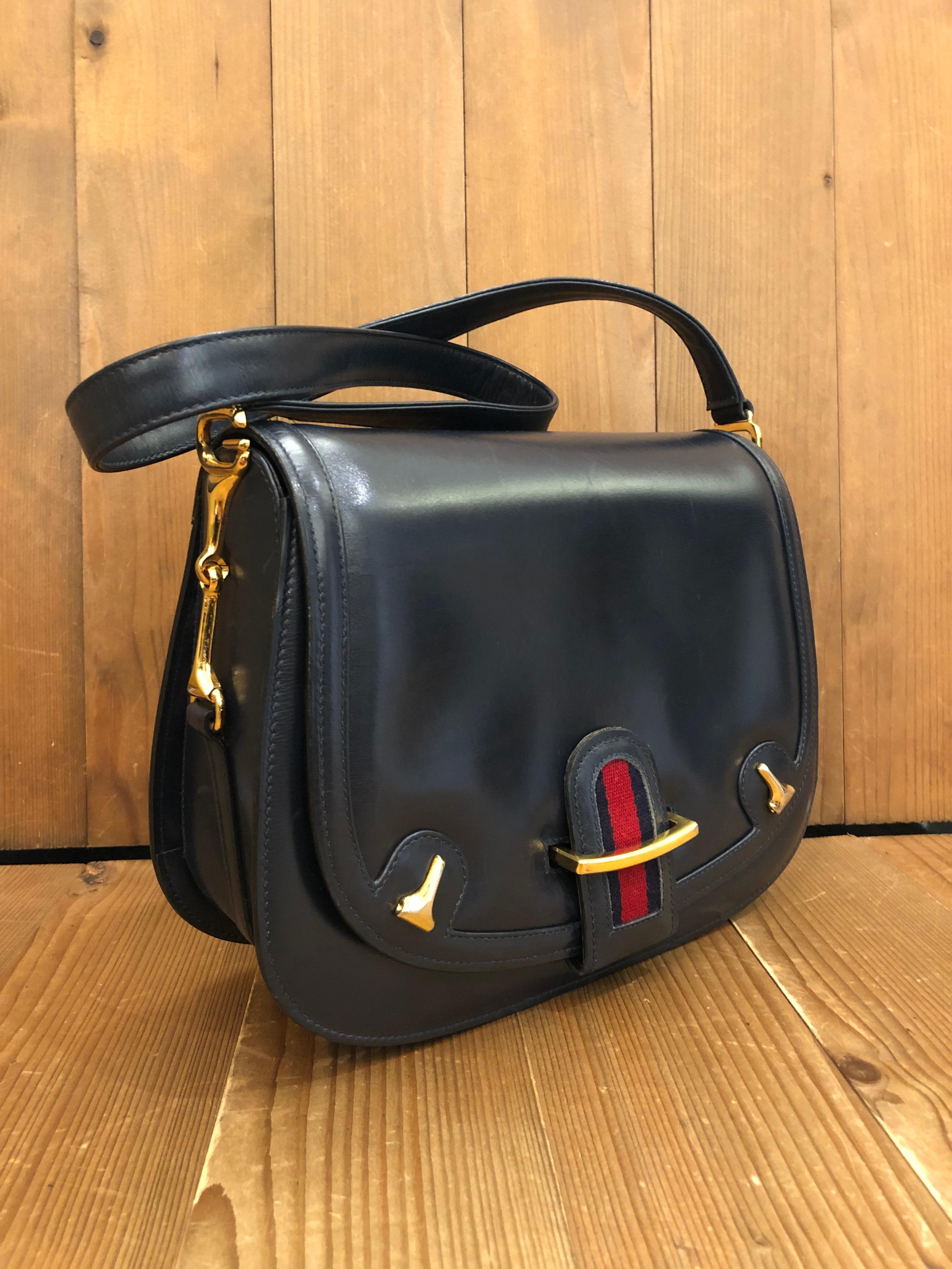 Vintage GUCCI Web Black Leather Shoulder Bag with Equestrian Accent In Good Condition In Bangkok, TH