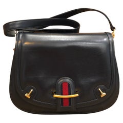 Retro GUCCI Web Black Leather Shoulder Bag with Equestrian Accent
