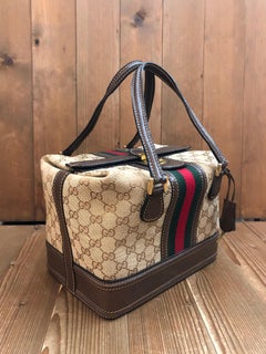 Vintage GUCCI Web Monogram Jacquard Vanity Hand Bag Brown Small