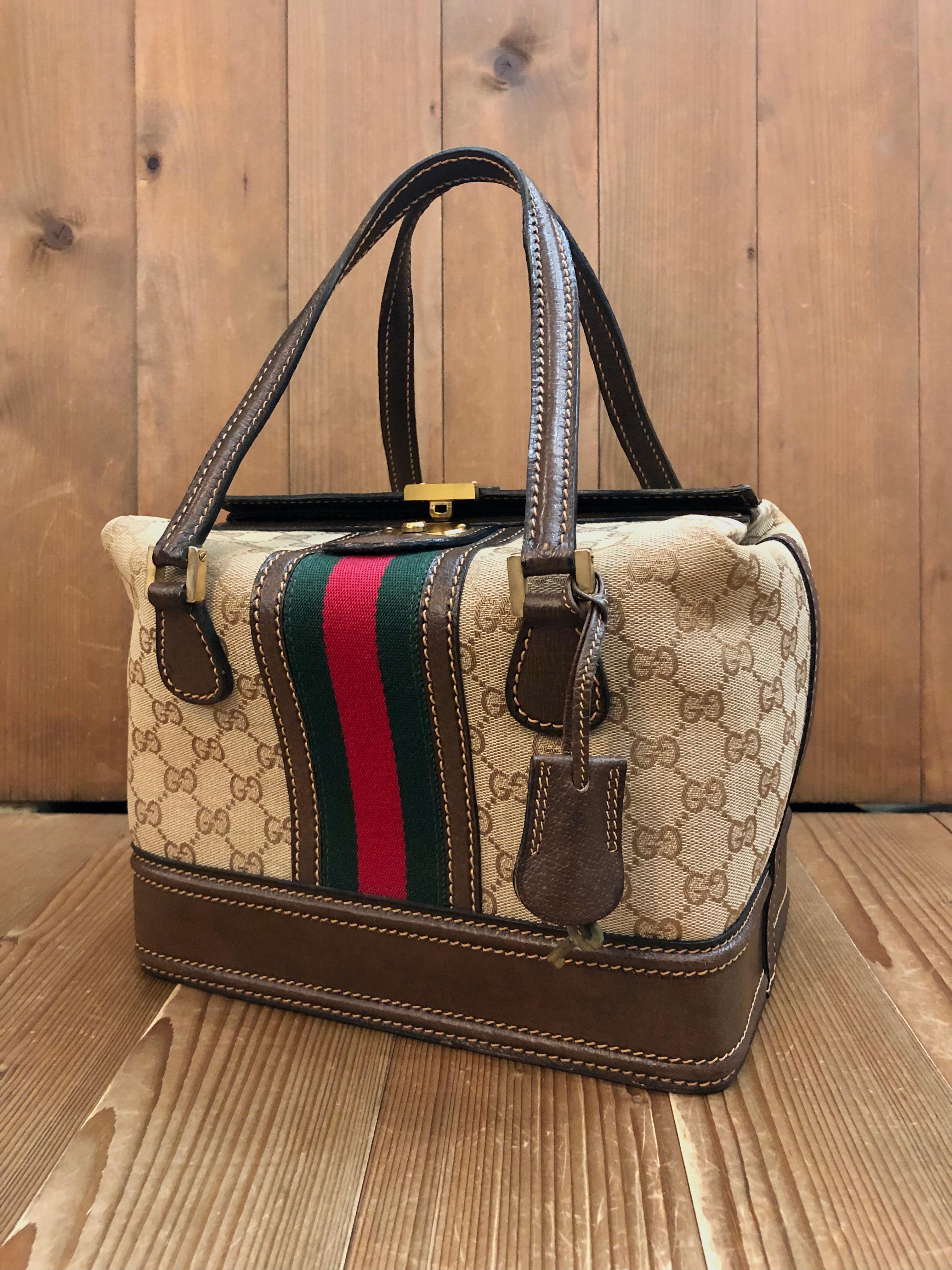Vintage GUCCI Web Monogram Jacquard Vanity Hand Bag Brown Small In Good Condition For Sale In Bangkok, TH