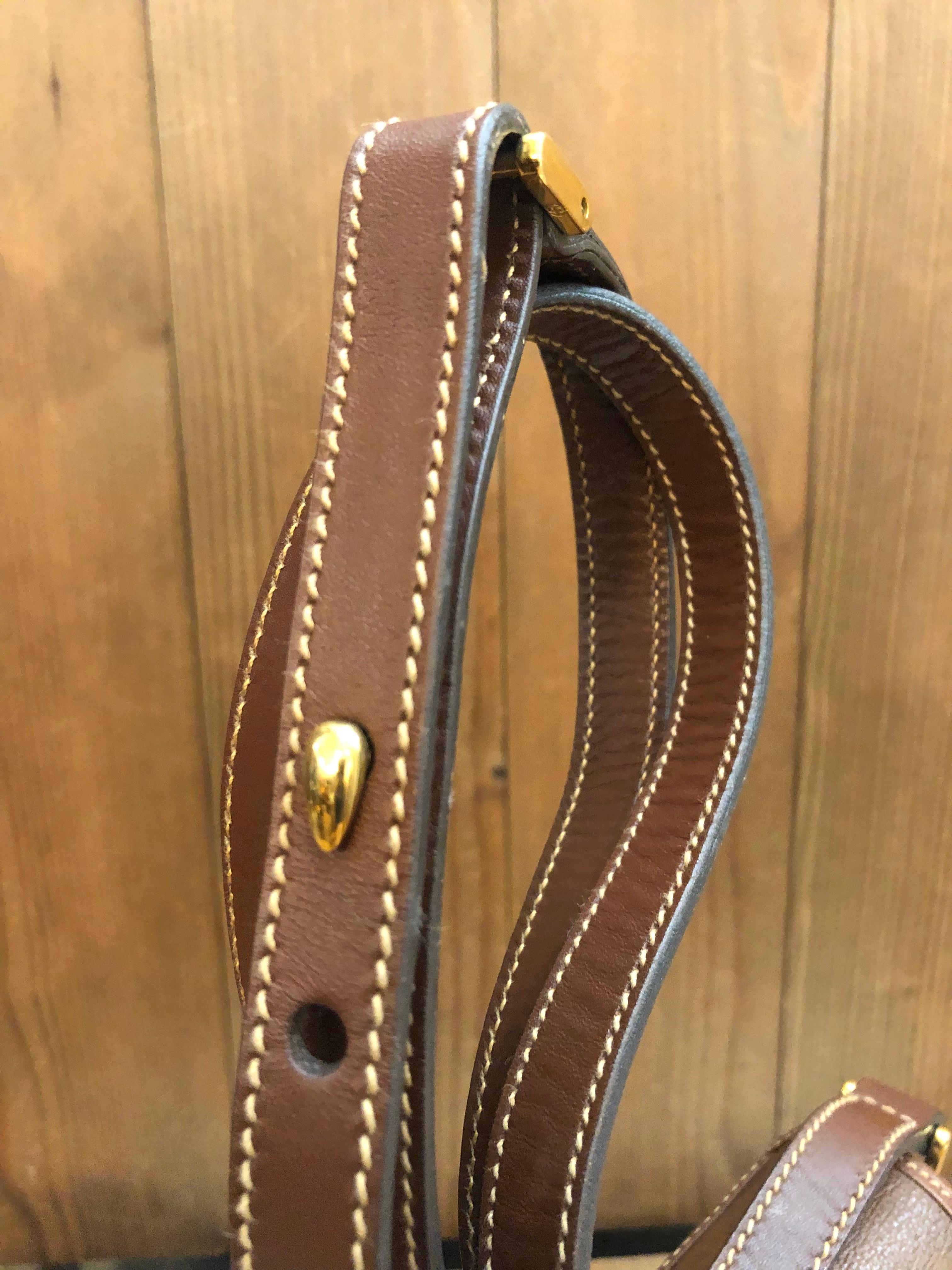 1980s Vintage GUCCI Web Leather Equestrian Crossbody Bag Brown Unisex For Sale 5