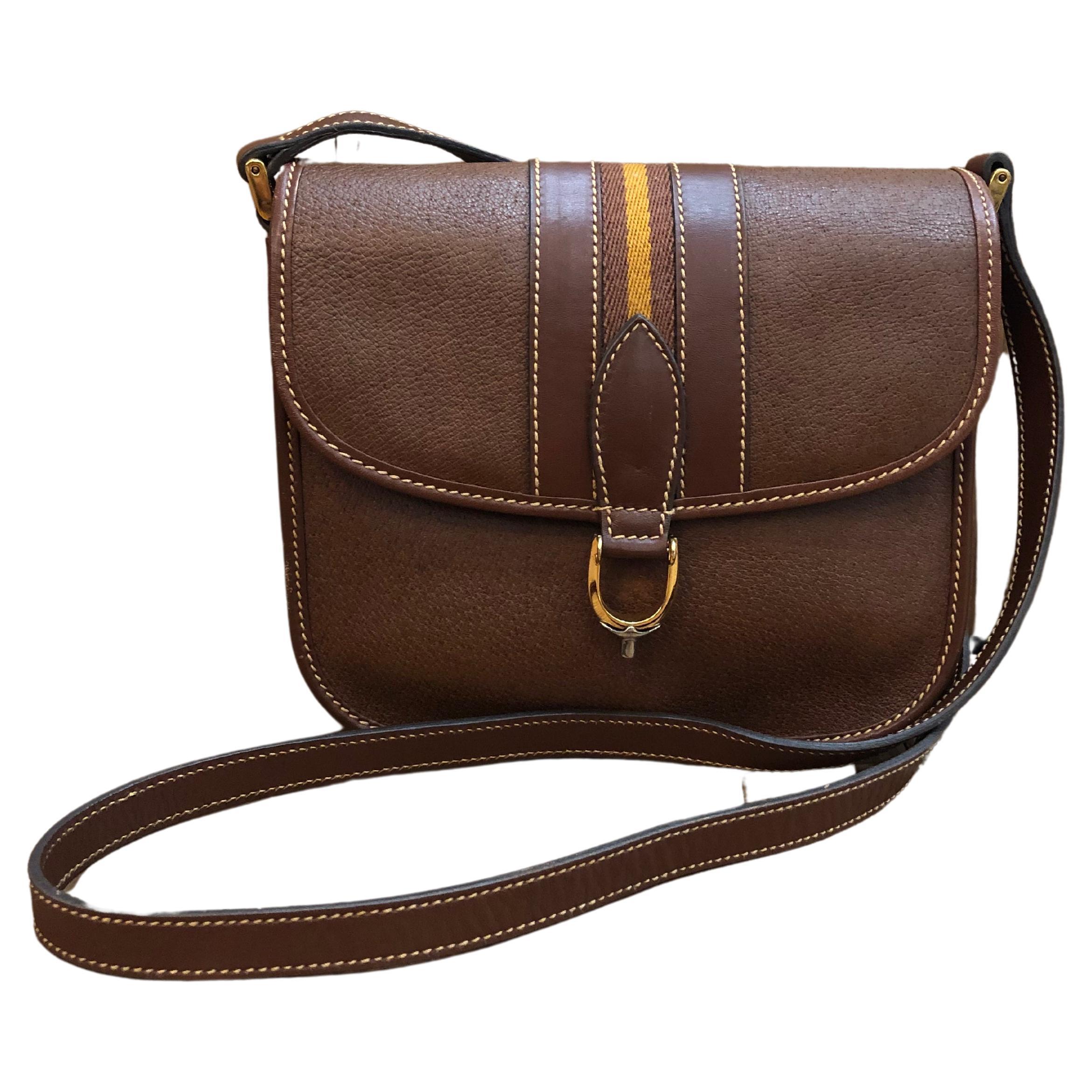 1980s Vintage GUCCI Web Leather Equestrian Crossbody Bag Brown Unisex For Sale