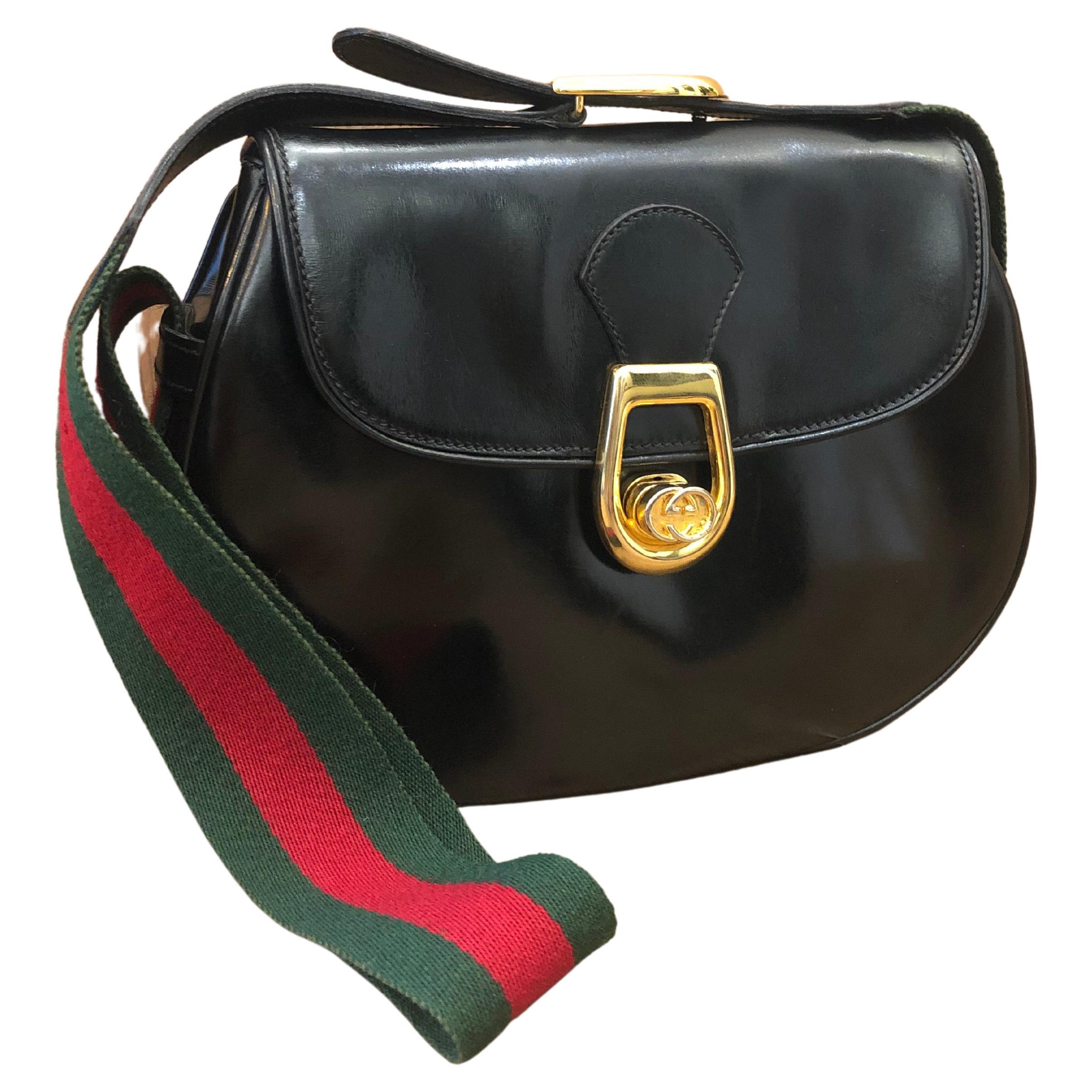 Vintage GUCCI Web Leather Shoulder Bag Turnlock Black For Sale at 1stDibs | vintage  gucci bags black